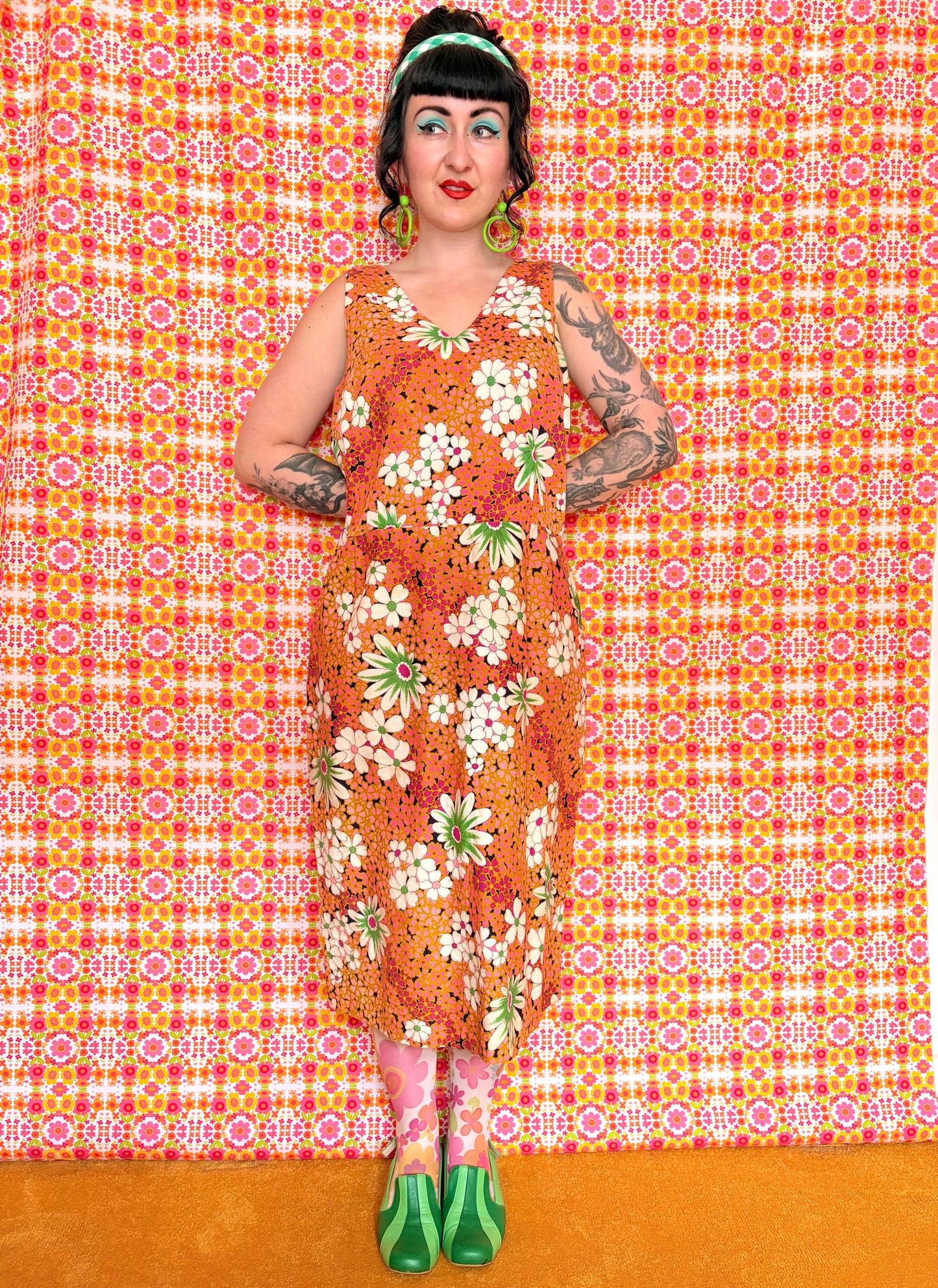 Vintage 60s Colourful Floral Barkcloth Midi Dress
