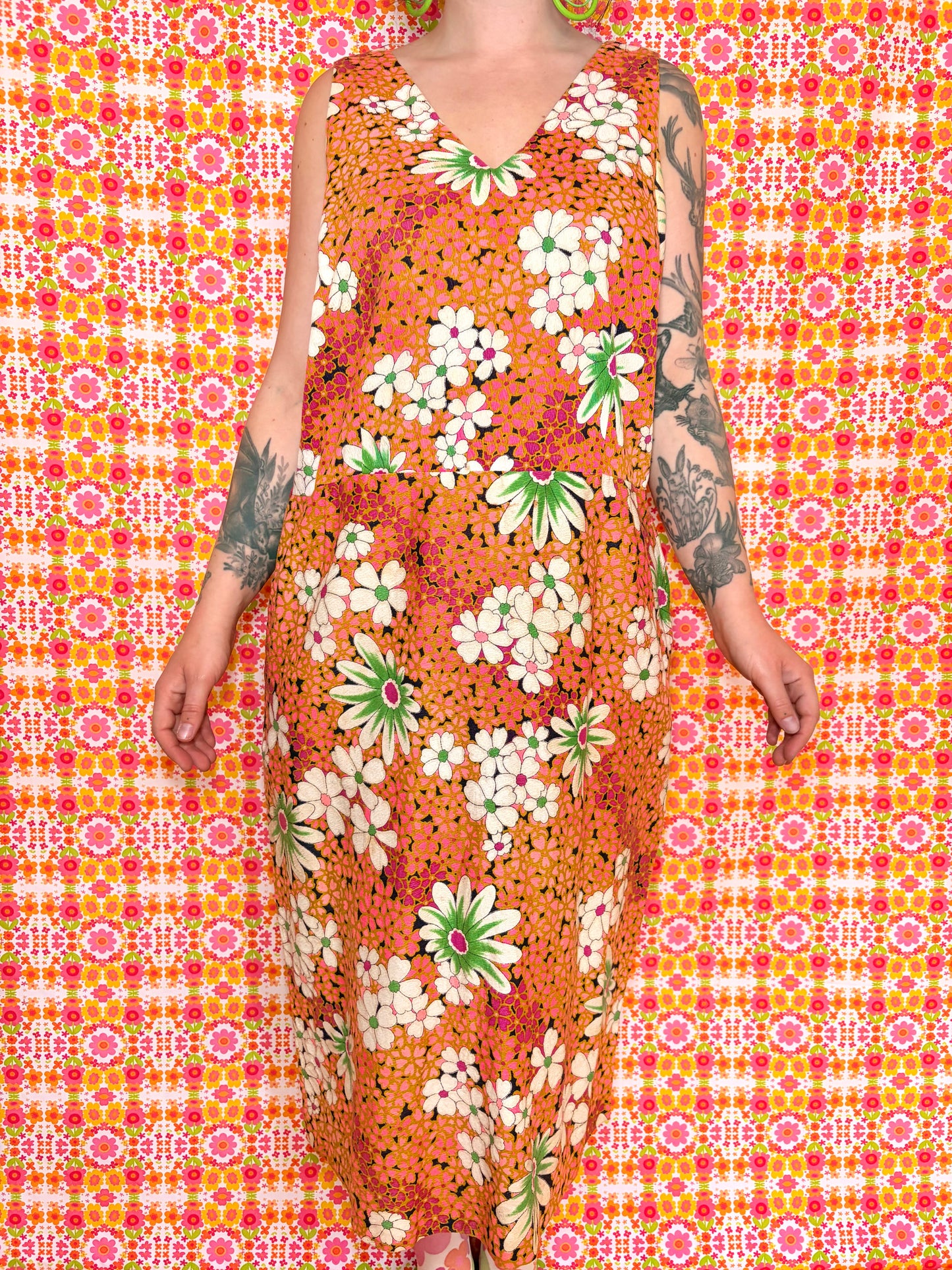 Vintage 60s Colourful Floral Barkcloth Midi Dress