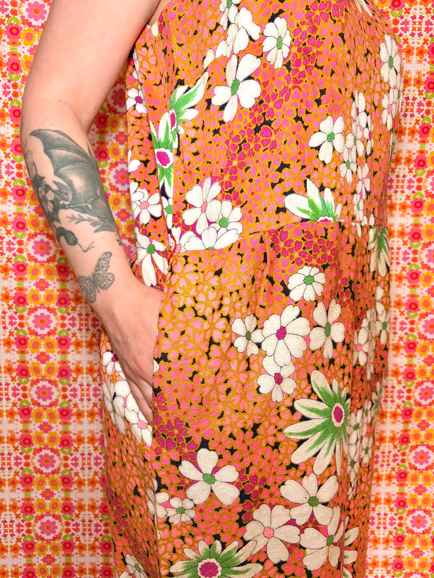 Vintage 60s Colourful Floral Barkcloth Midi Dress