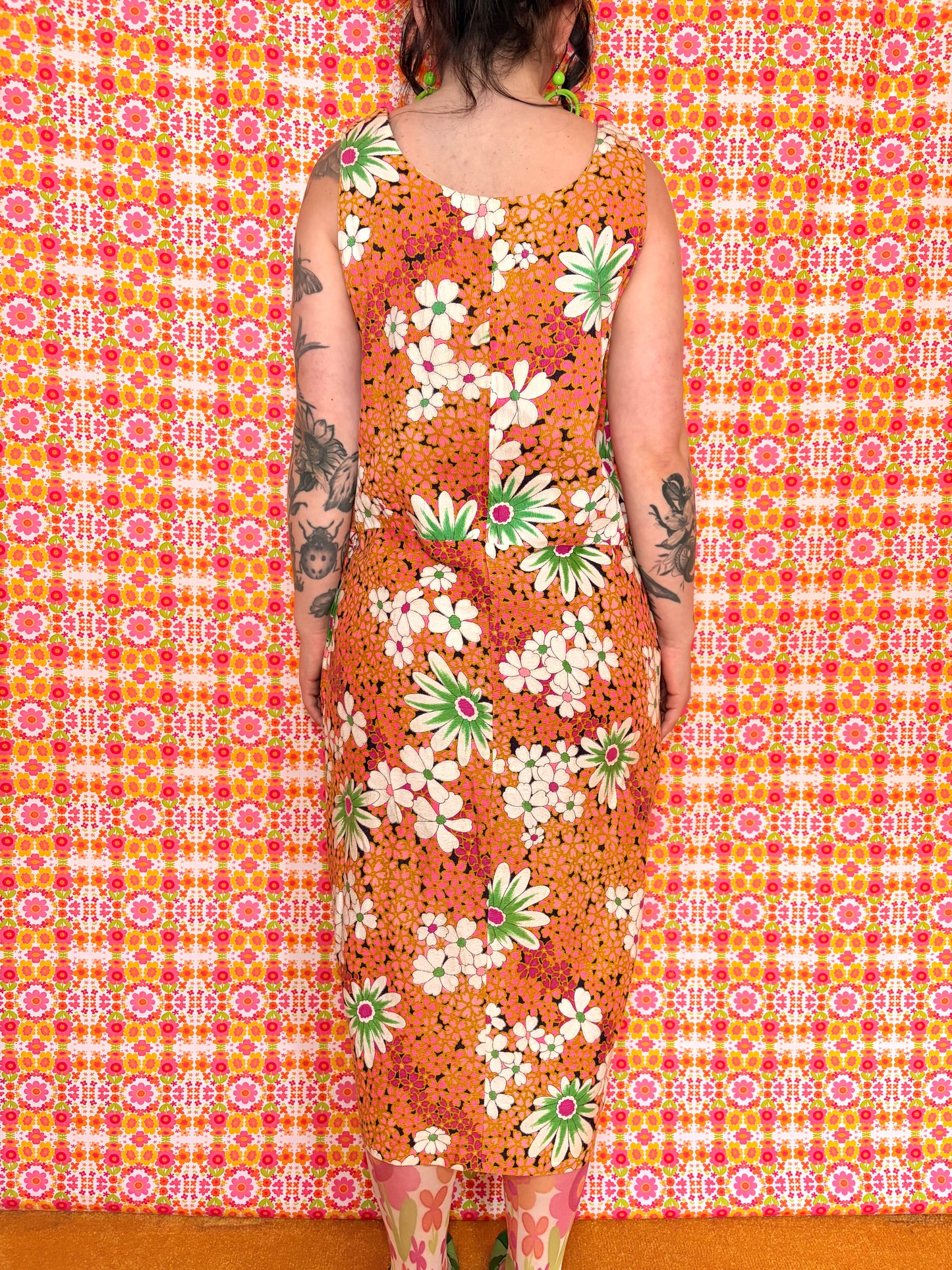 Vintage 60s Colourful Floral Barkcloth Midi Dress