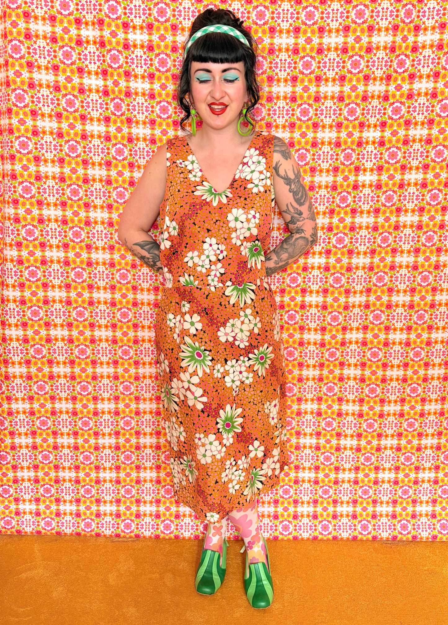 Vintage 60s Colourful Floral Barkcloth Midi Dress