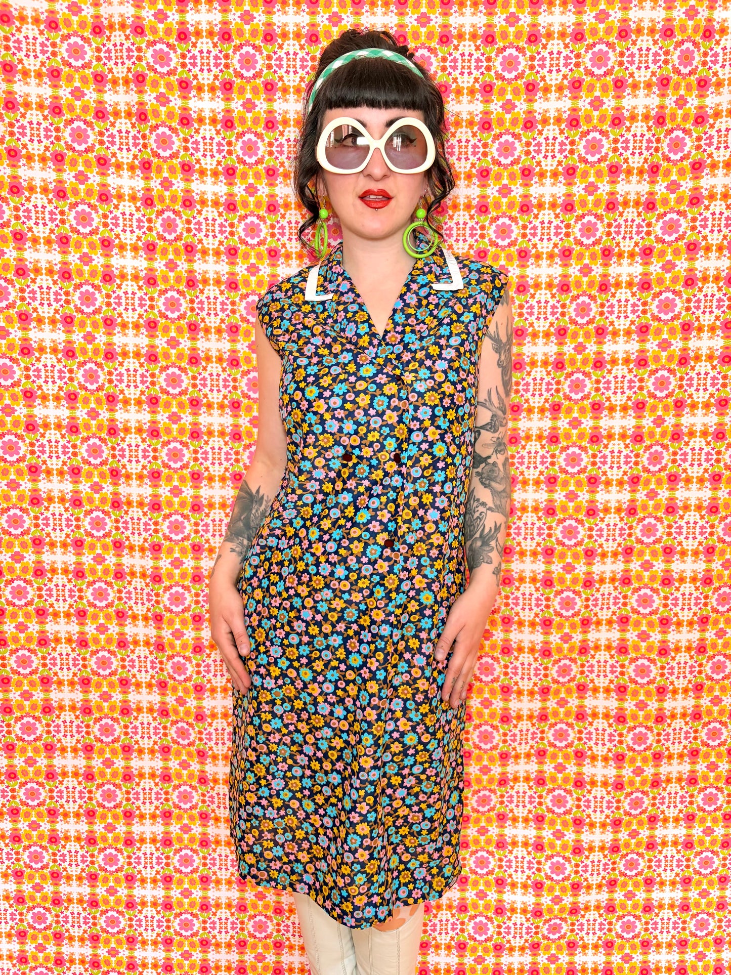 Vintage 60s Blue Daisy Button Down Dress