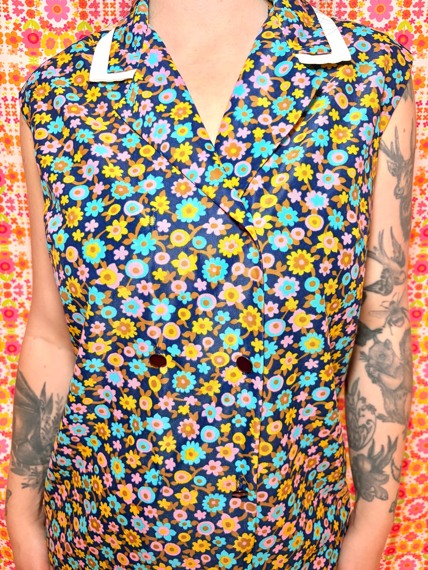 Vintage 60s Blue Daisy Button Down Dress