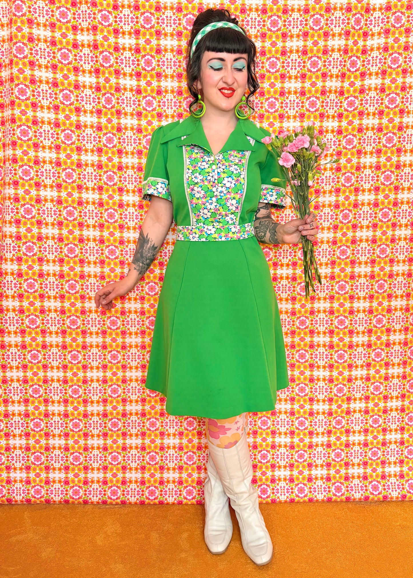 Vintage 70s Apple Green Floral Dress