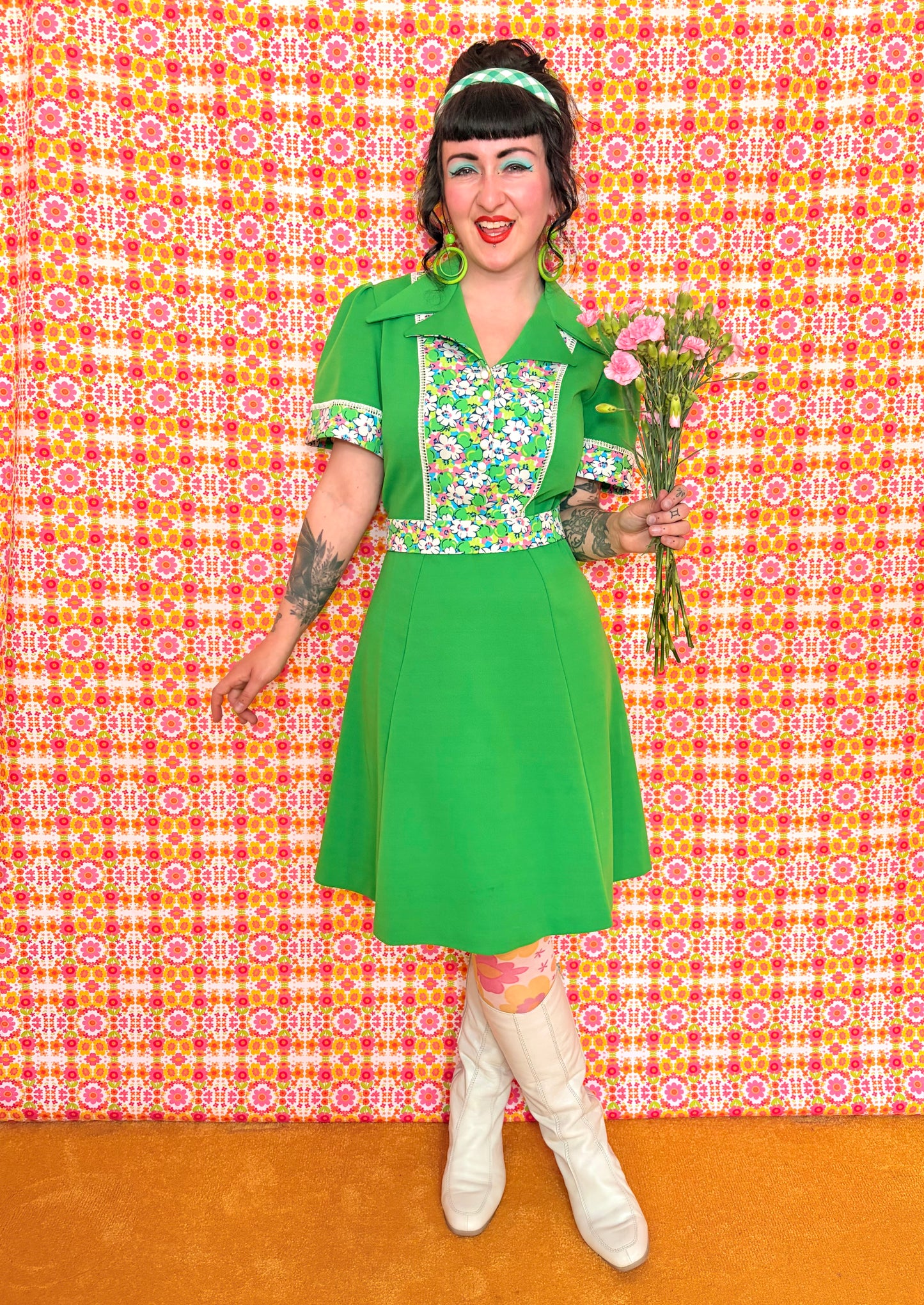 Vintage 70s Apple Green Floral Dress