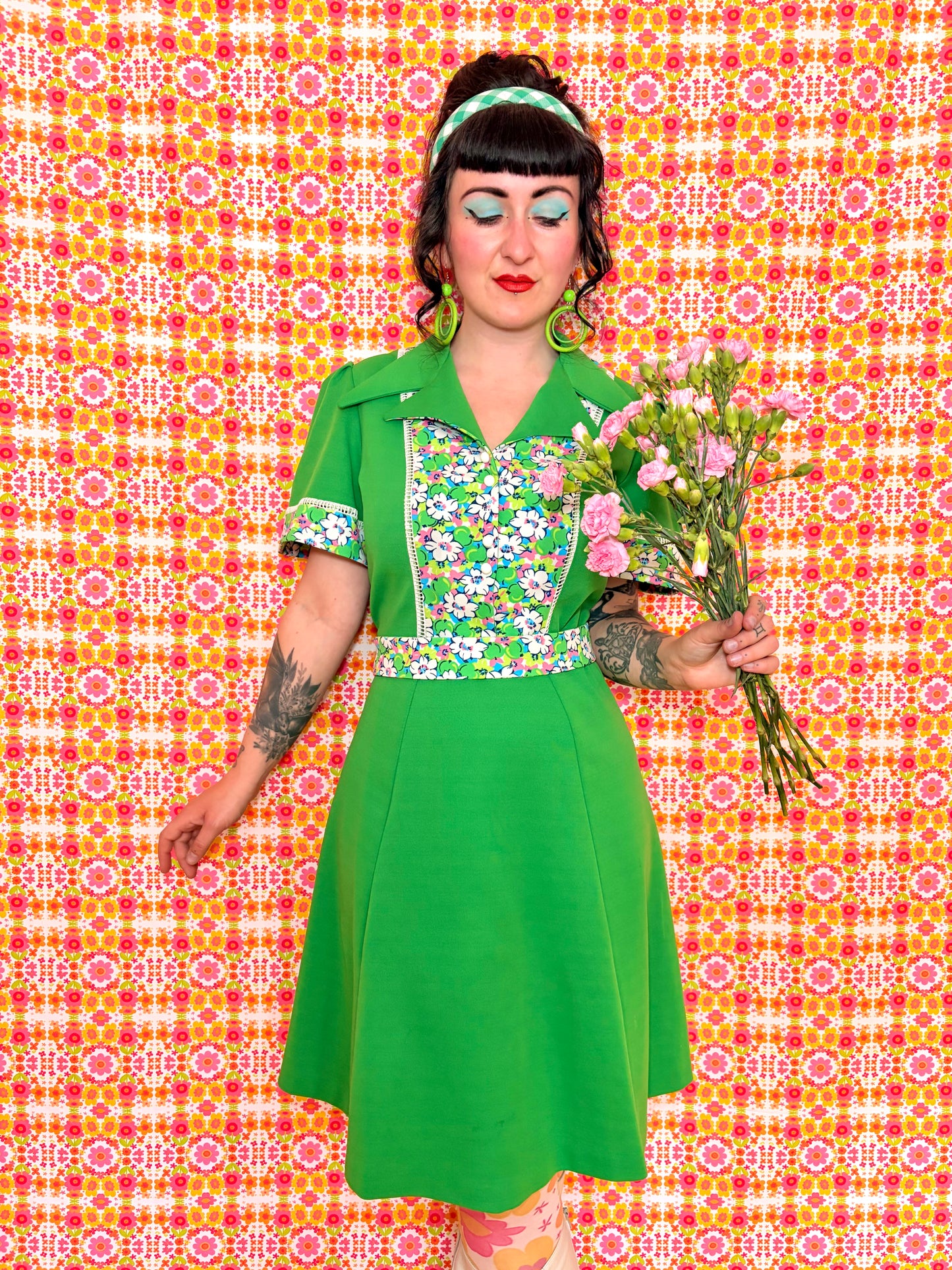 Vintage 70s Apple Green Floral Dress