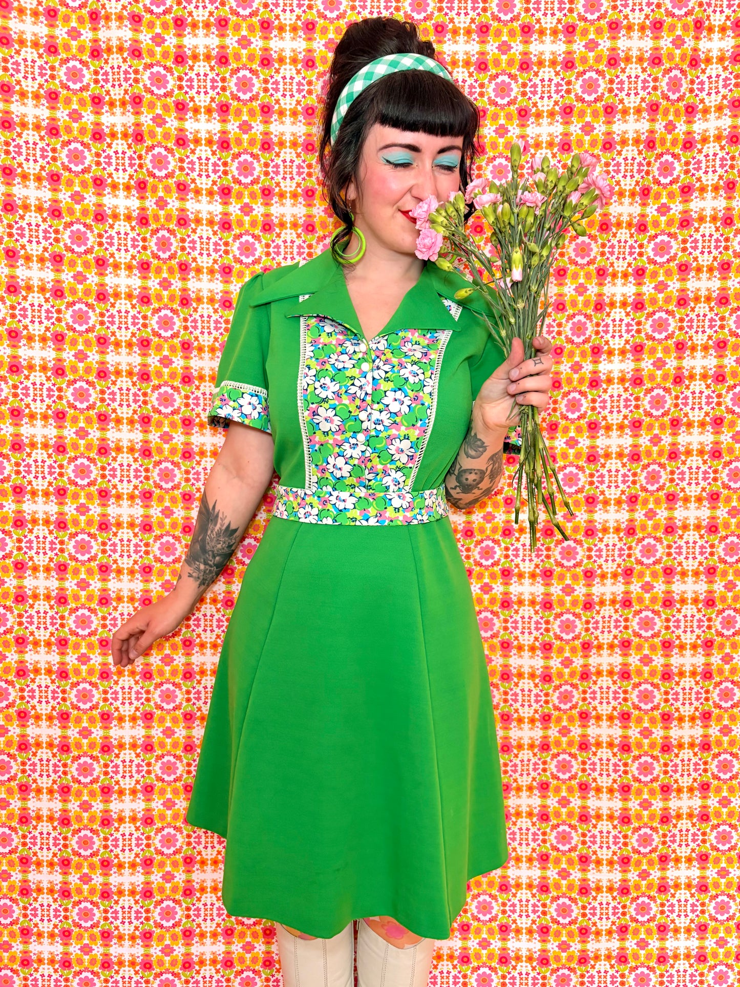Vintage 70s Apple Green Floral Dress