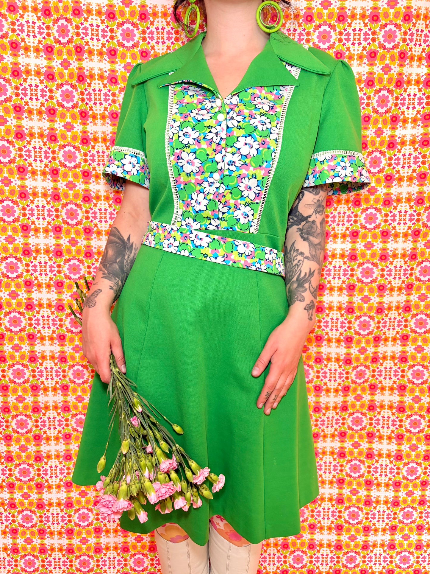 Vintage 70s Apple Green Floral Dress