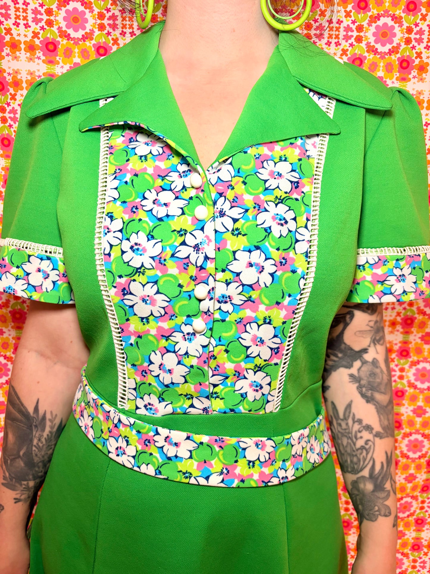 Vintage 70s Apple Green Floral Dress
