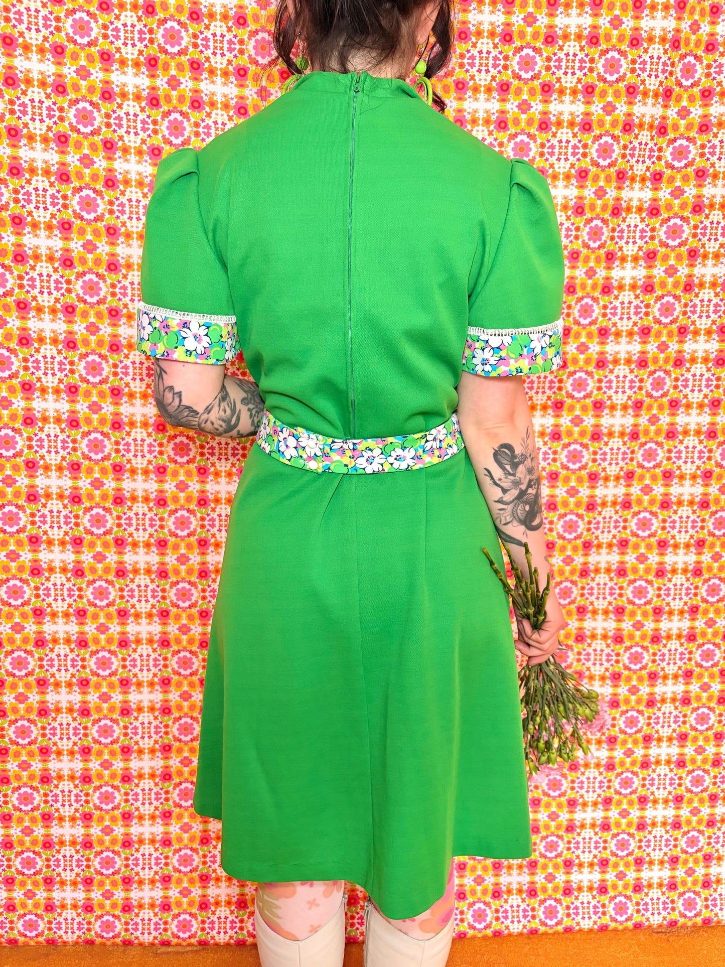 Vintage 70s Apple Green Floral Dress