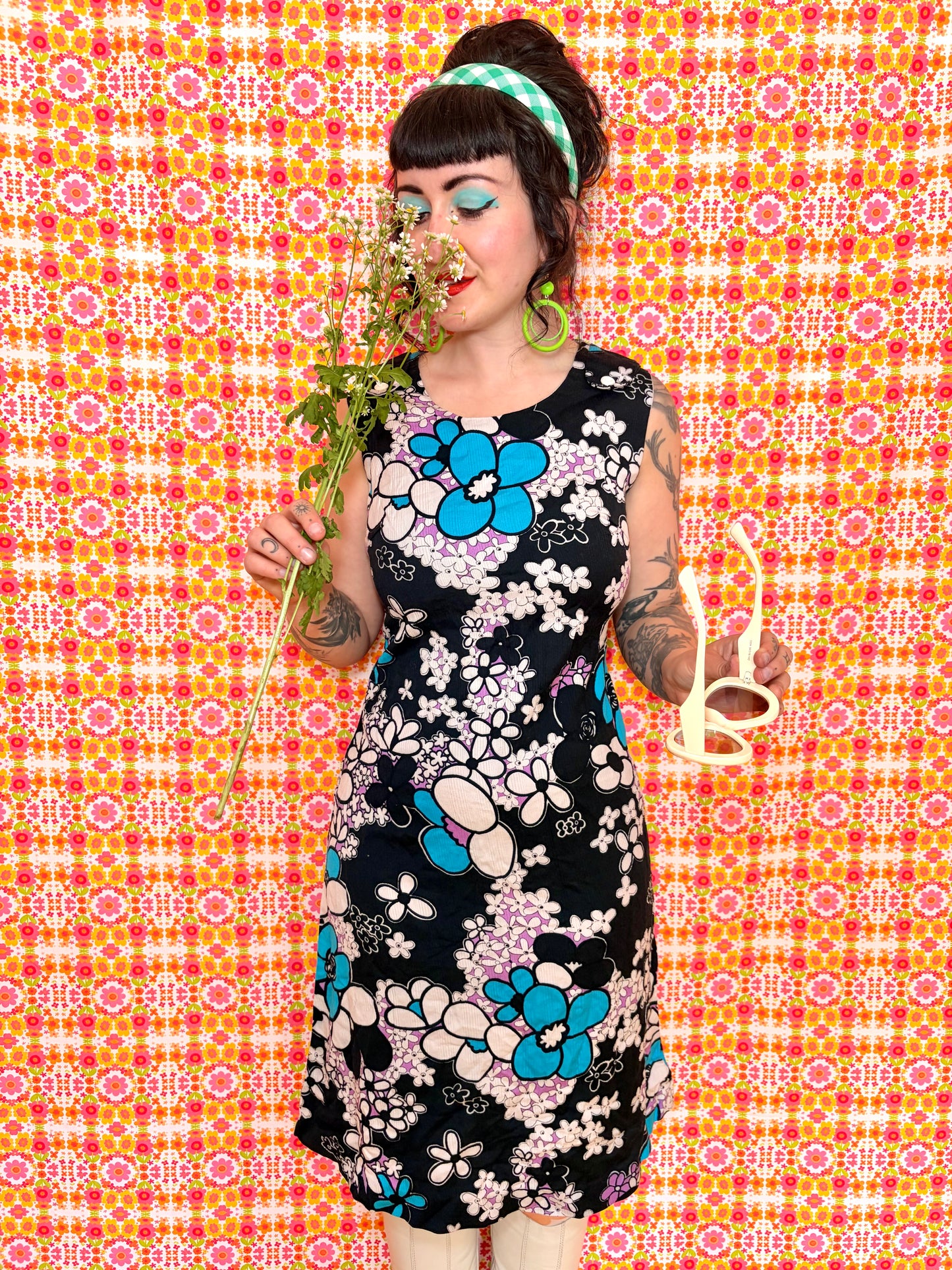 Vintage 60s White & Blue Floral Shift Dress