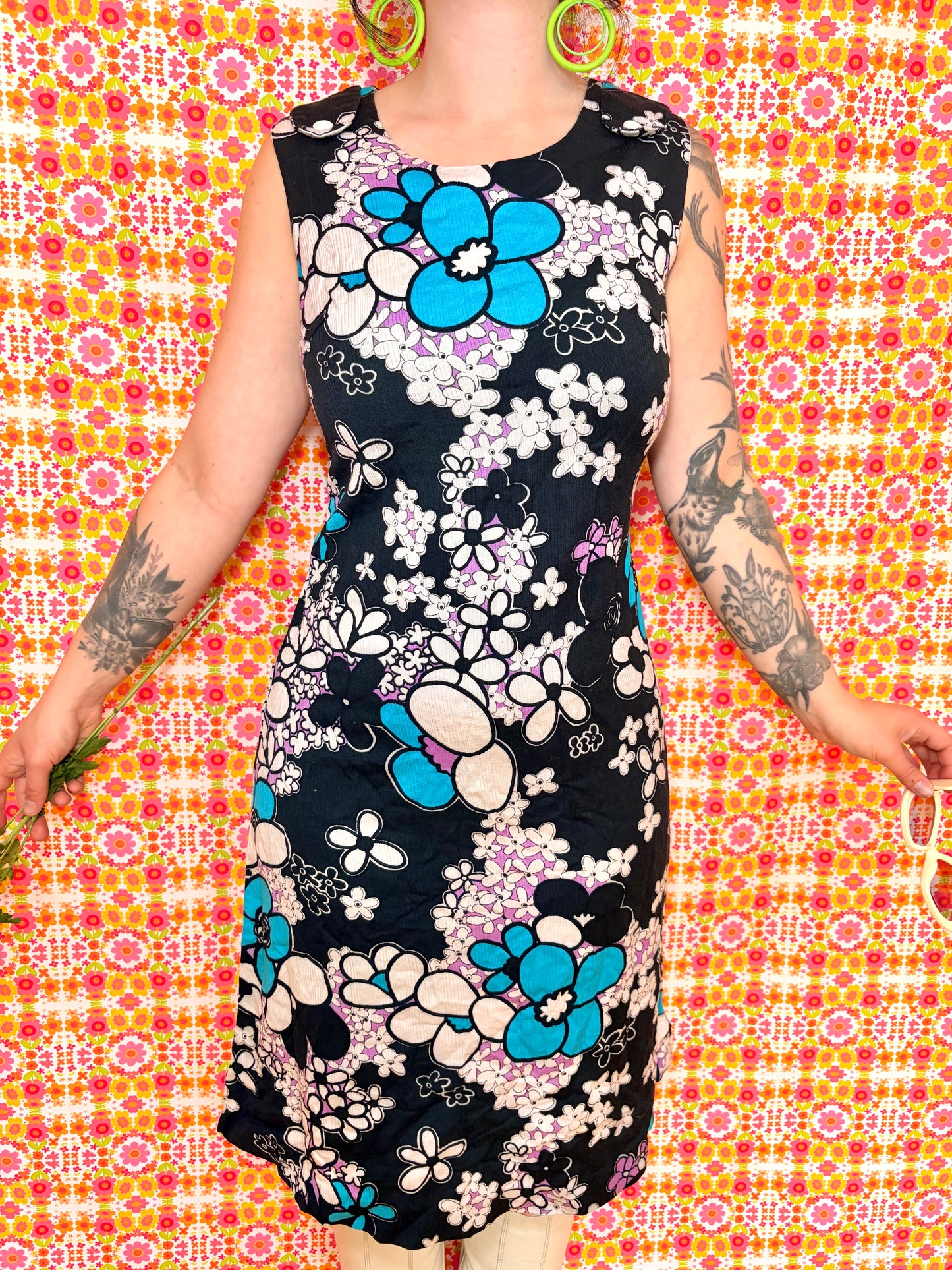 Vintage 60s White & Blue Floral Shift Dress