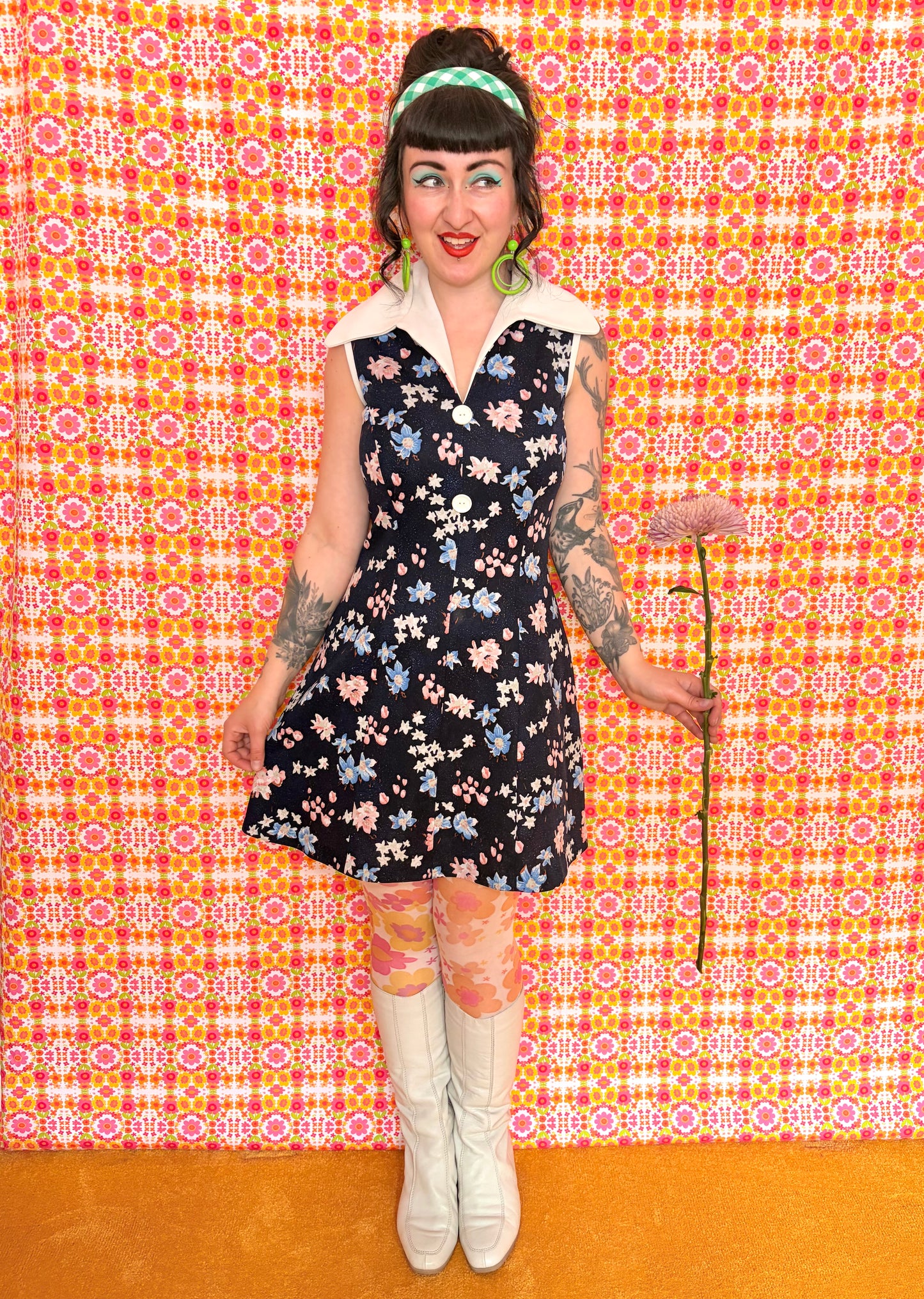 Vintage 70s Navy Blue Floral Collared Mini Dress