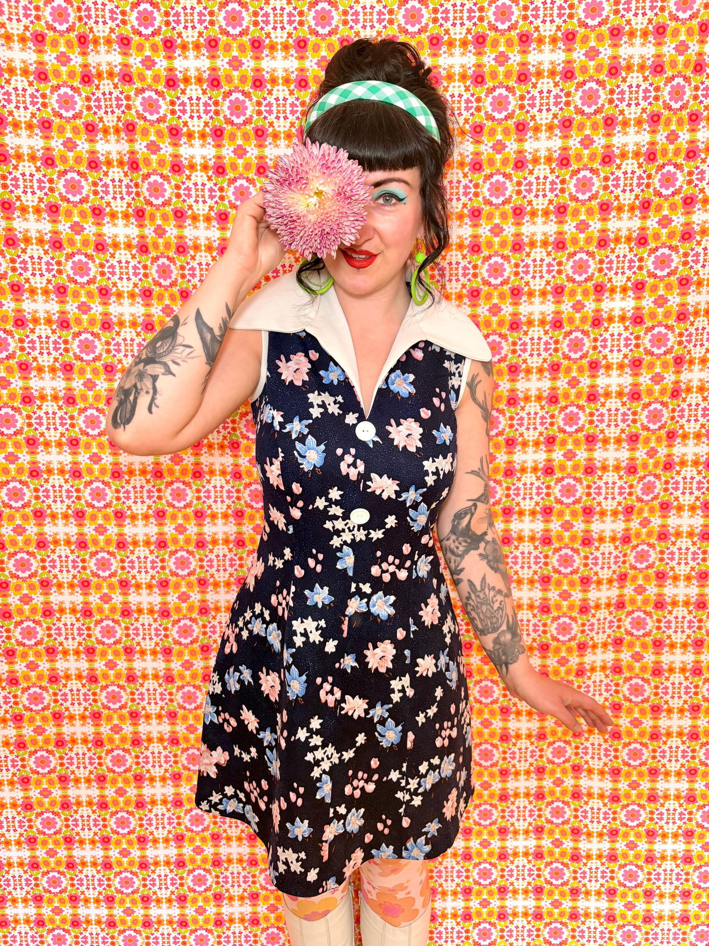 Vintage 70s Navy Blue Floral Collared Mini Dress