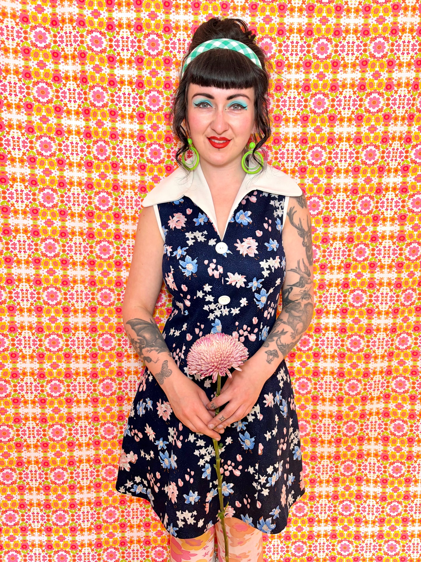 Vintage 70s Navy Blue Floral Collared Mini Dress