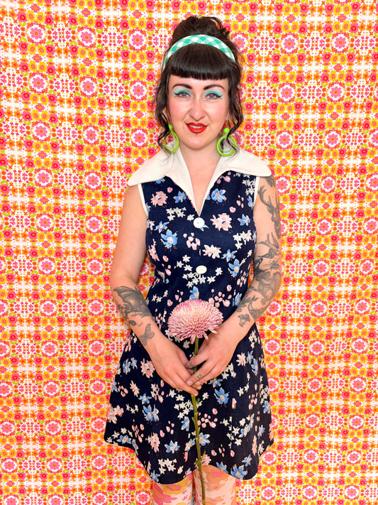 Vintage 70s Navy Blue Floral Collared Mini Dress
