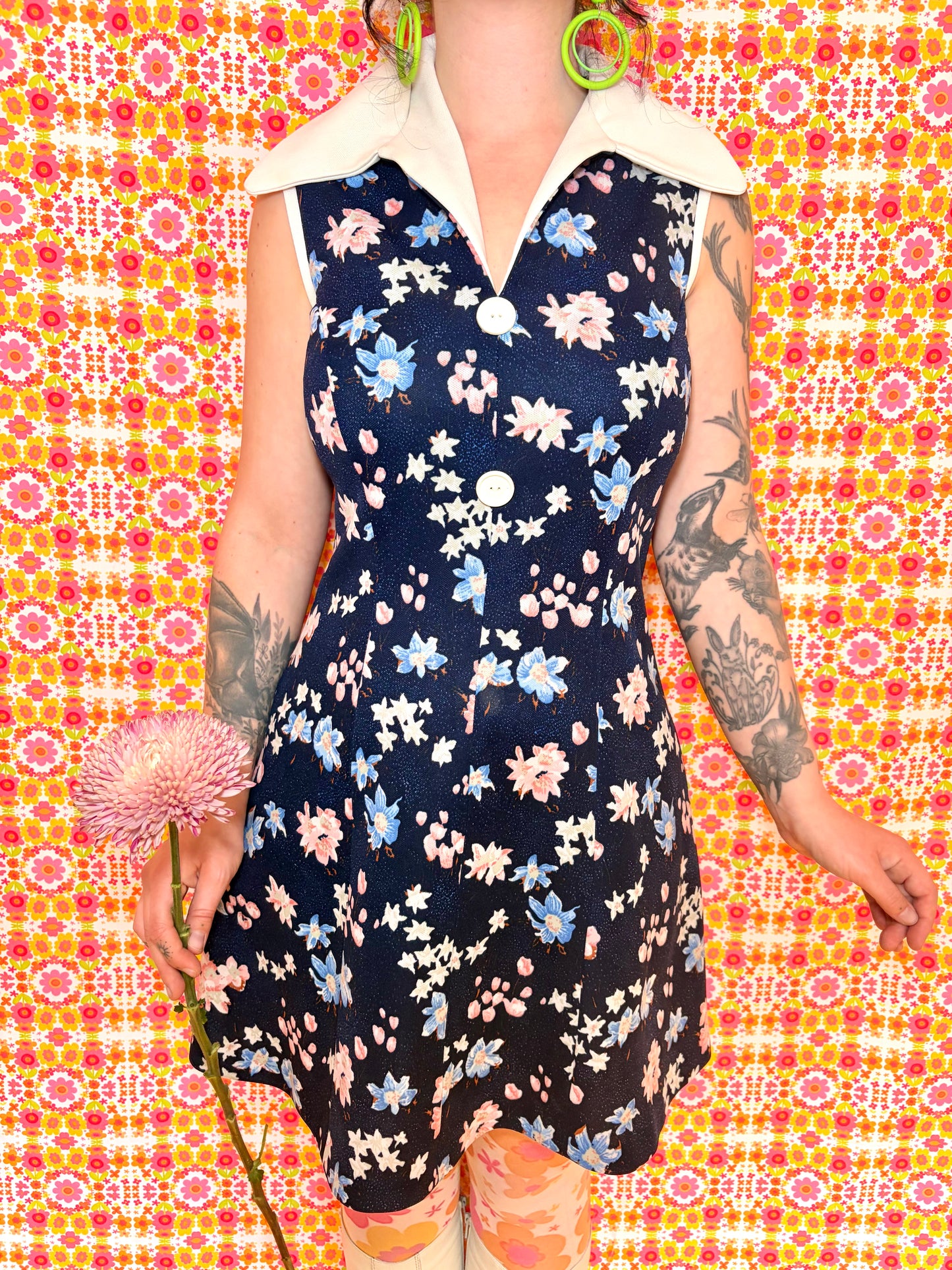Vintage 70s Navy Blue Floral Collared Mini Dress