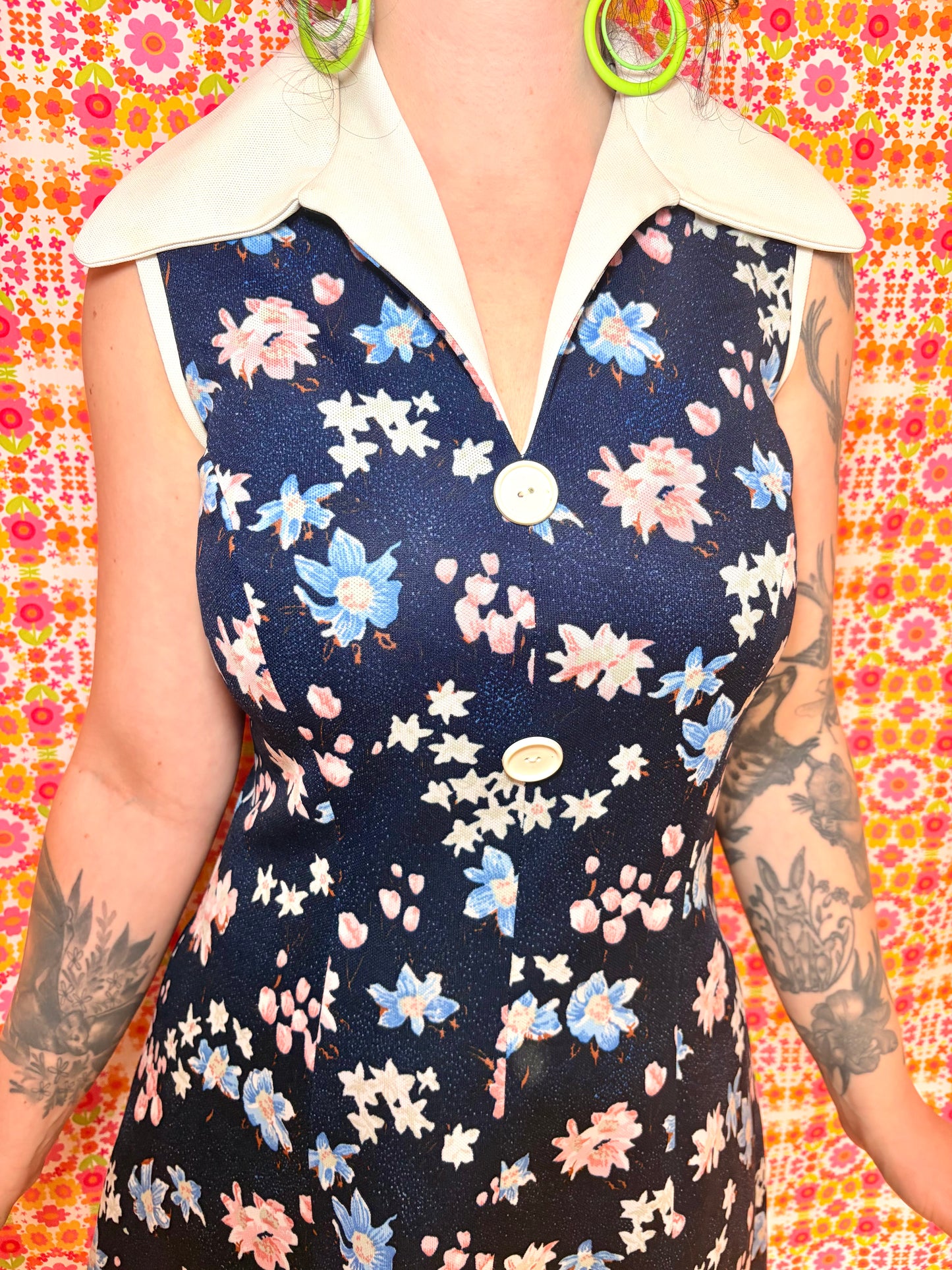 Vintage 70s Navy Blue Floral Collared Mini Dress