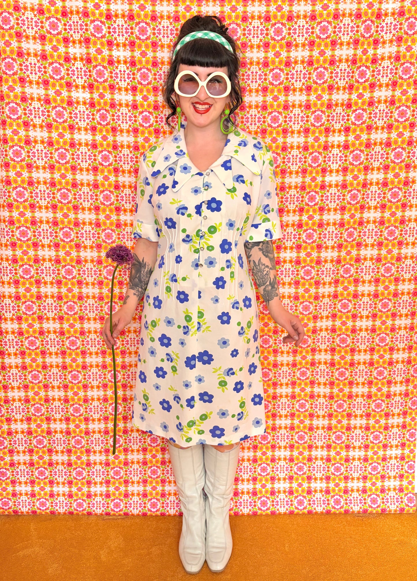 Vintage 60s White Floral Double Collar Dress