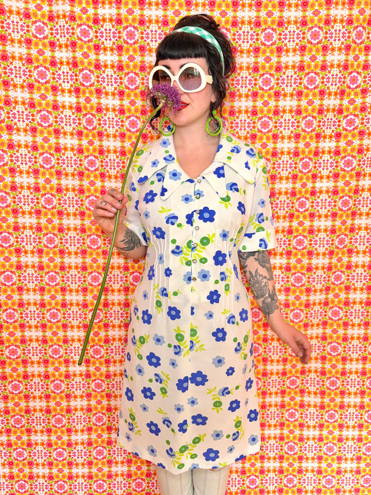 Vintage 60s White Floral Double Collar Dress