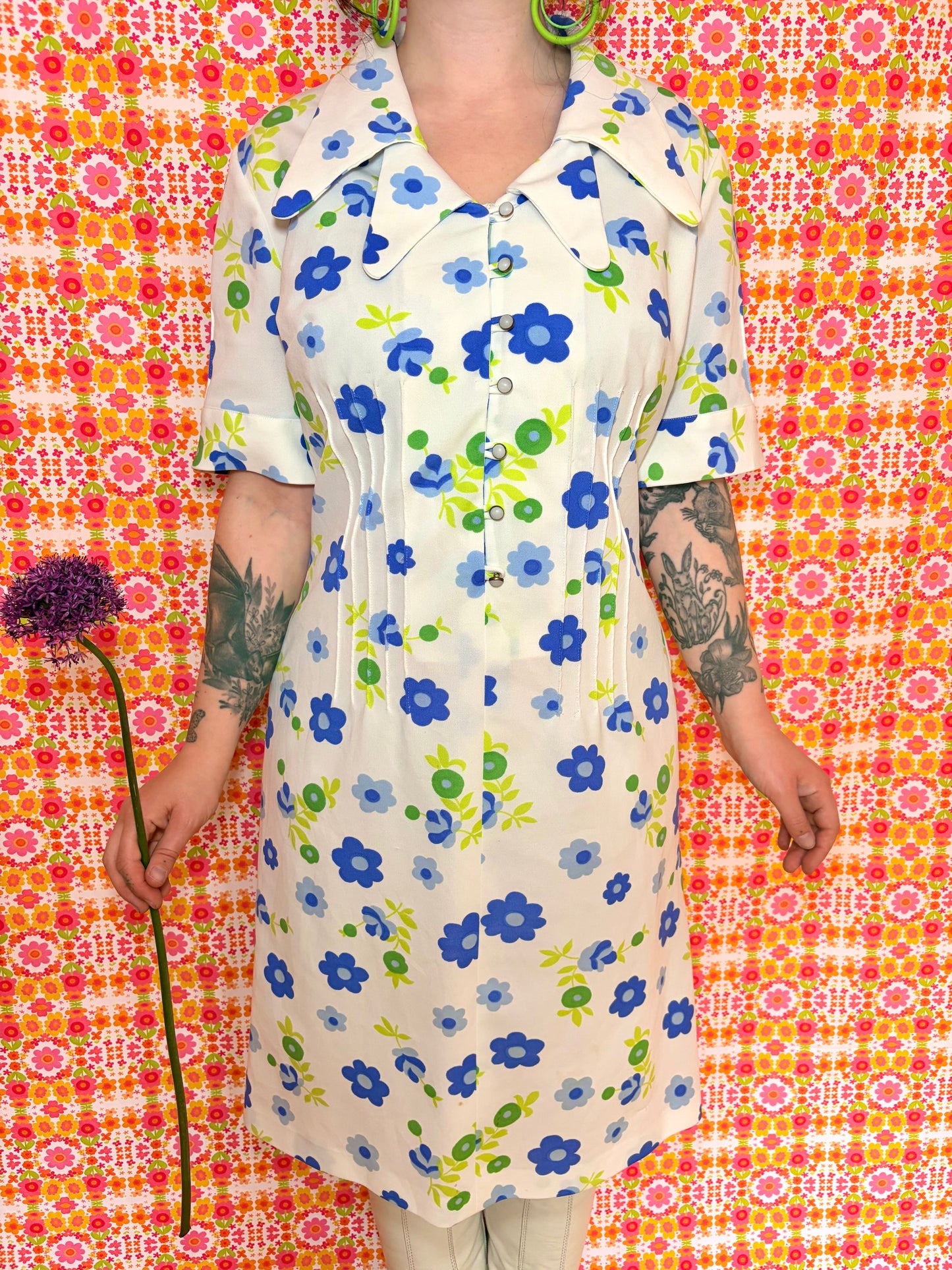Vintage 60s White Floral Double Collar Dress