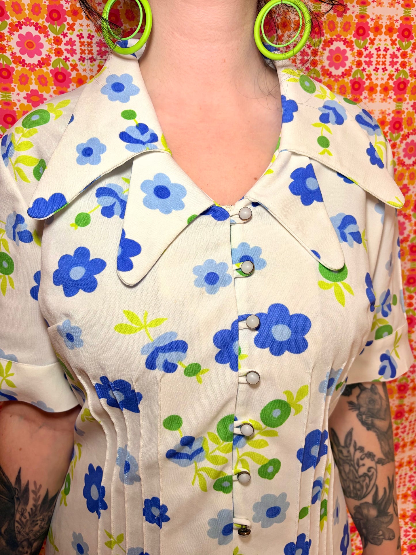 Vintage 60s White Floral Double Collar Dress