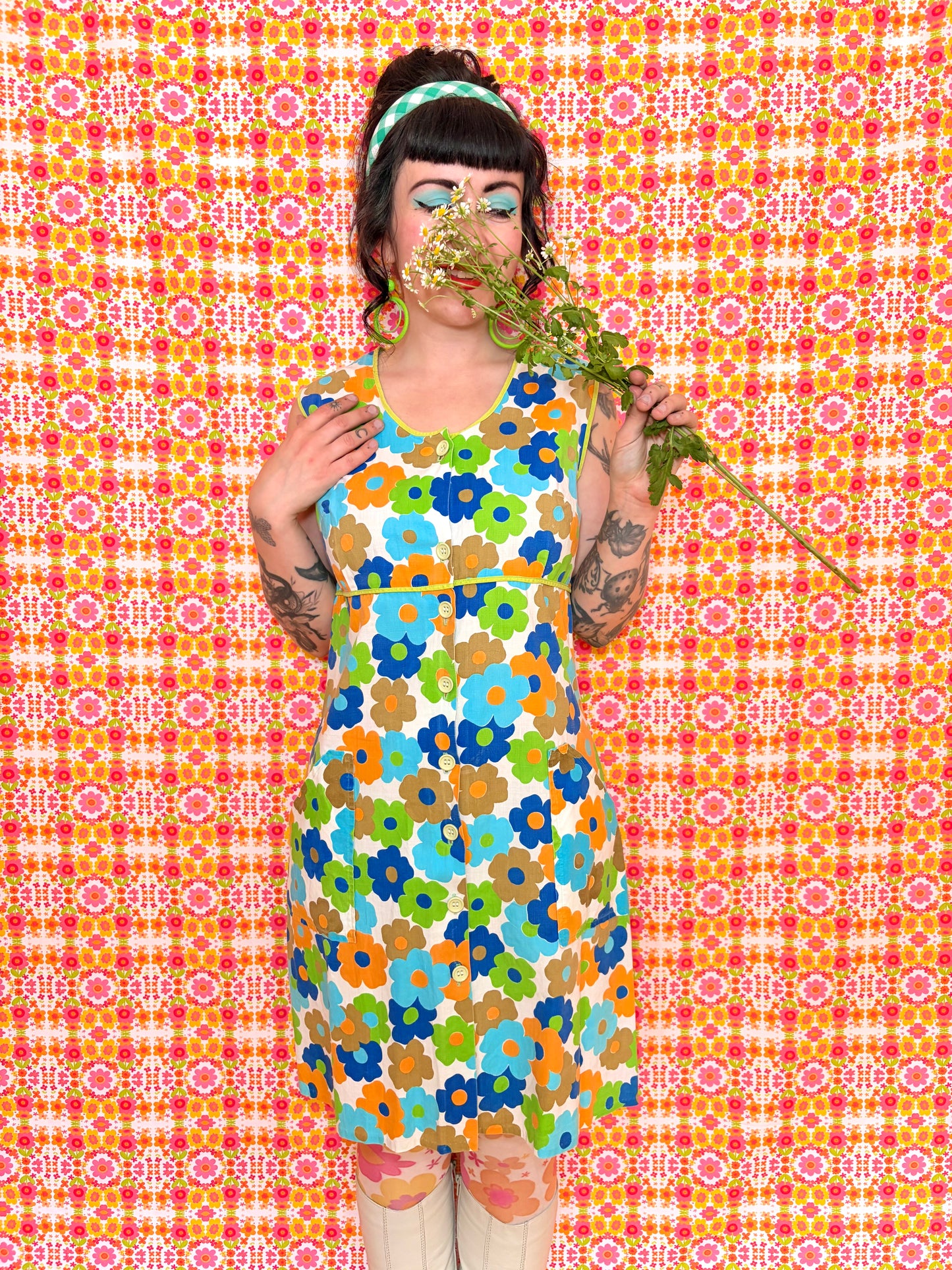 Vintage 60s Flower Power Button Down Dress