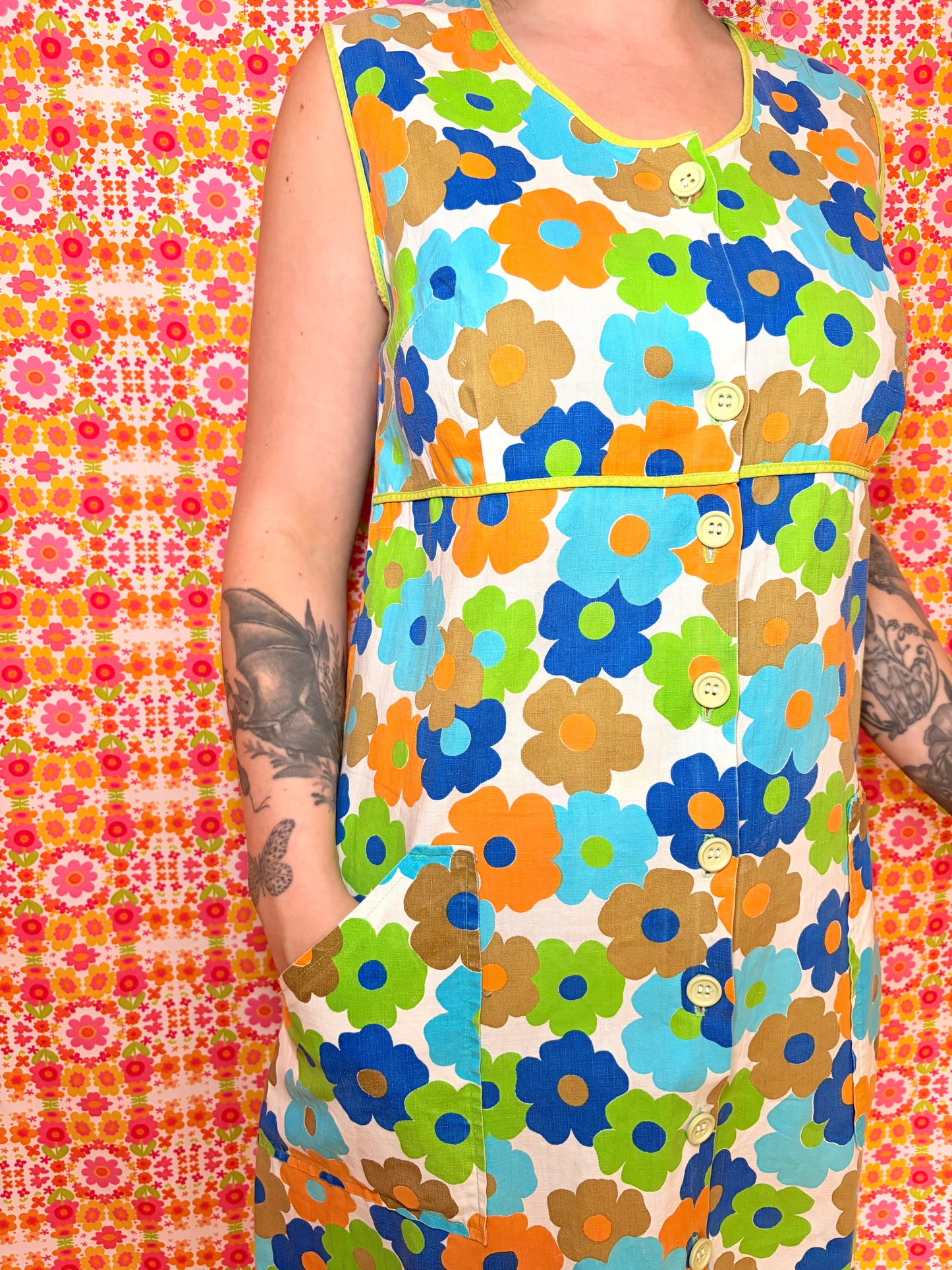 Vintage 60s Flower Power Button Down Dress