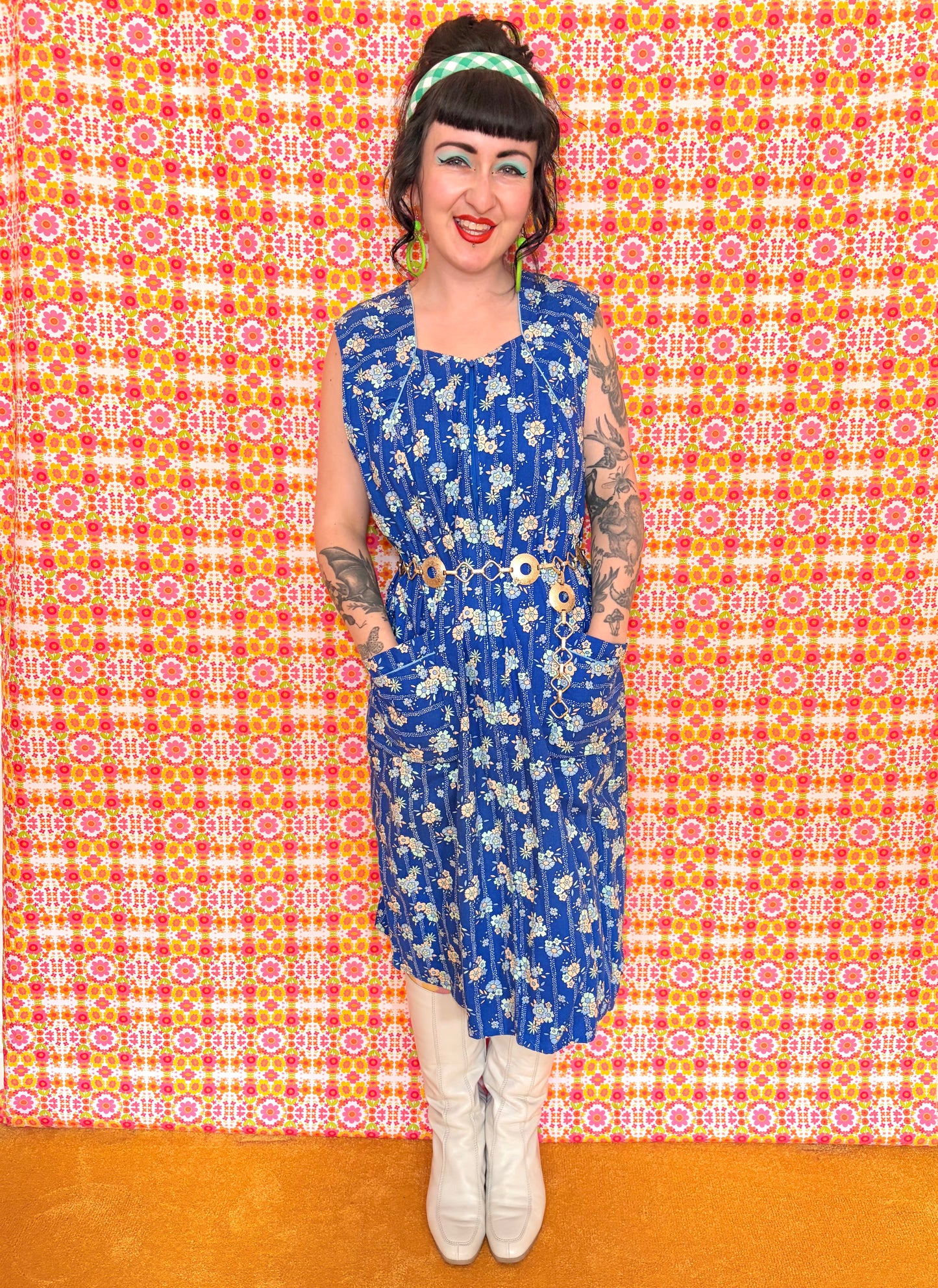 Vintage 60s Blue Cotton Midi Dress