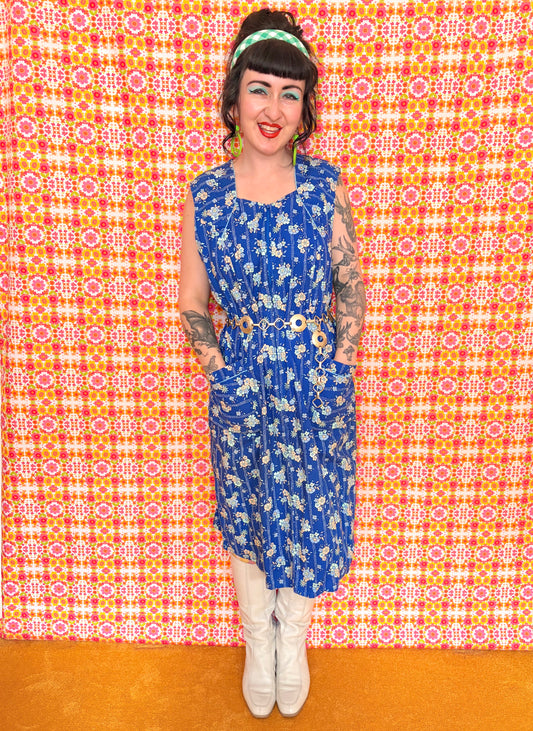 Vintage 60s Blue Cotton Midi Dress