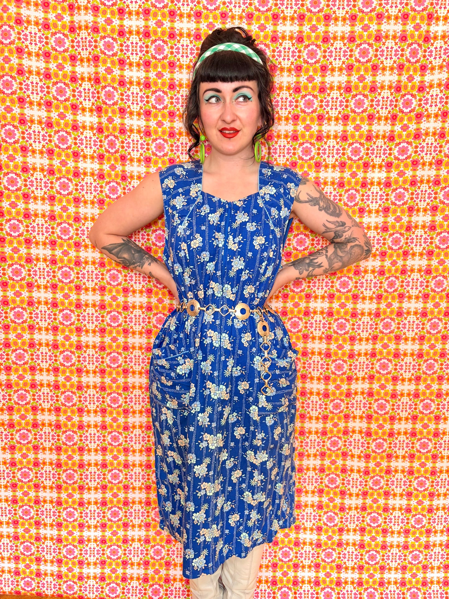 Vintage 60s Blue Cotton Midi Dress