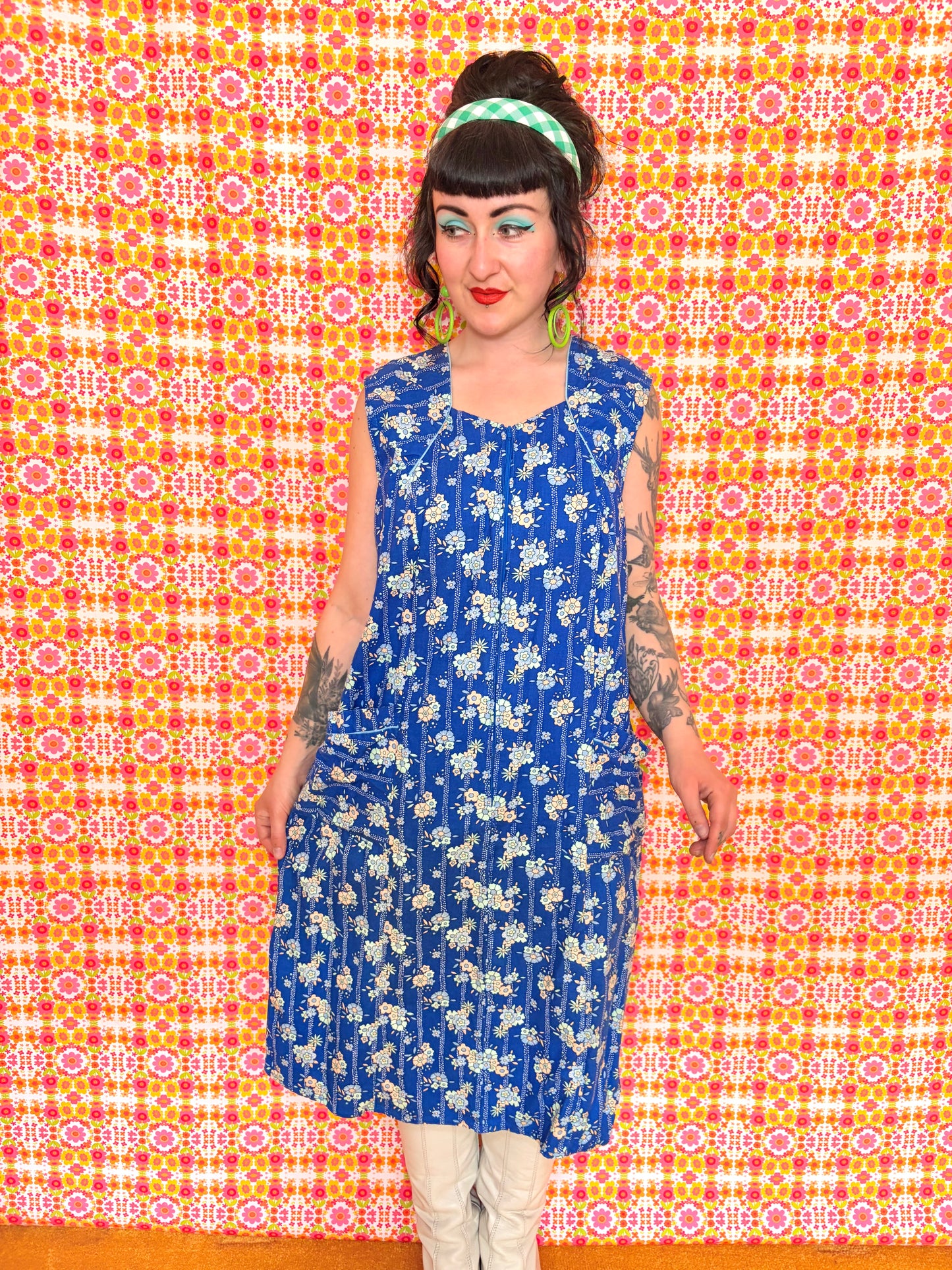 Vintage 60s Blue Cotton Midi Dress