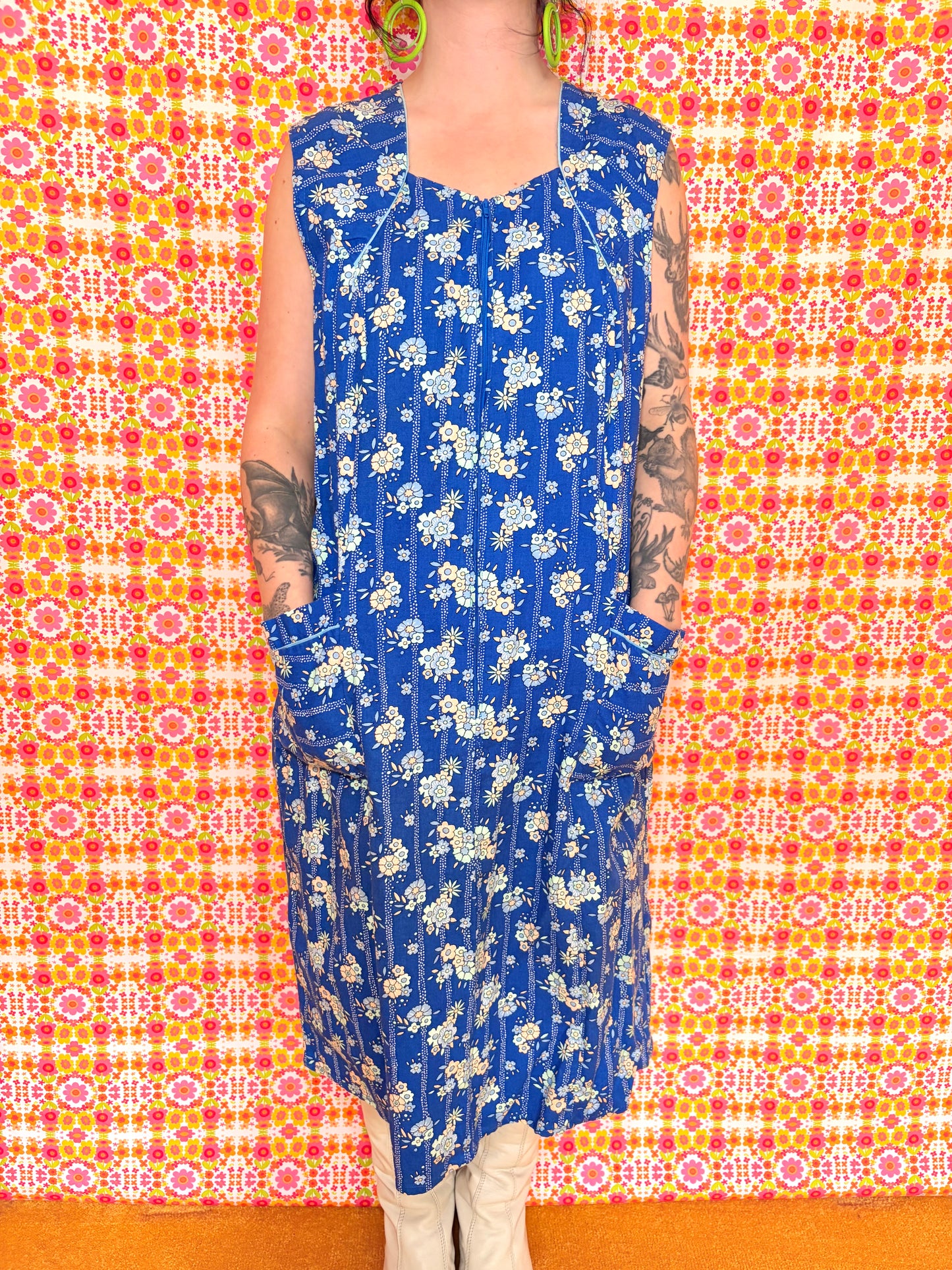 Vintage 60s Blue Cotton Midi Dress