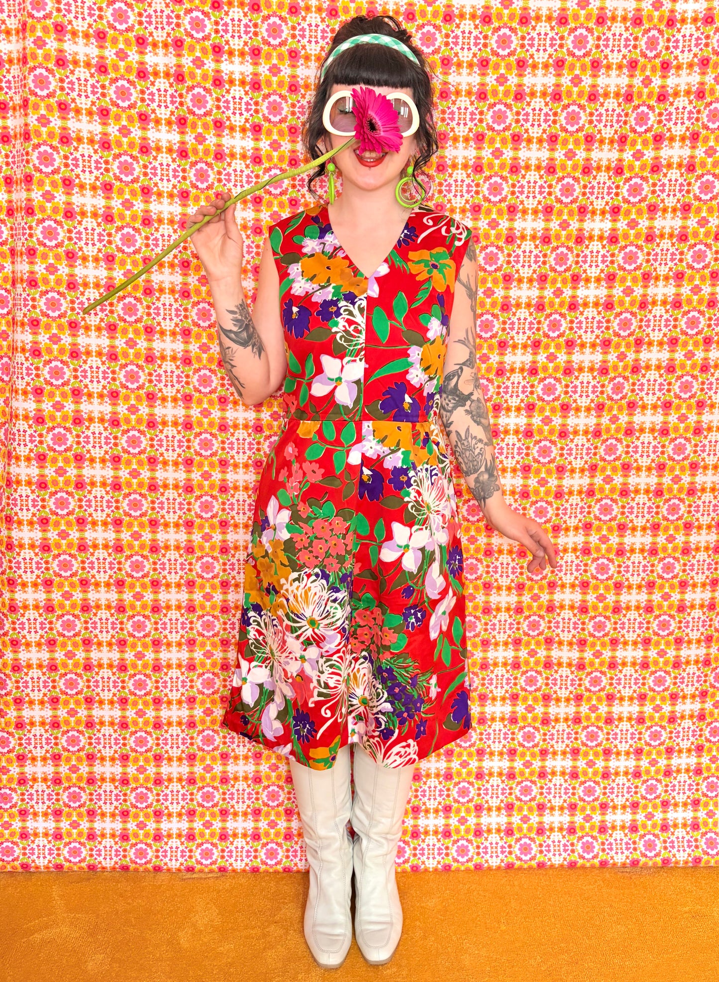 Vintage 60s Red Floral Knee Dress