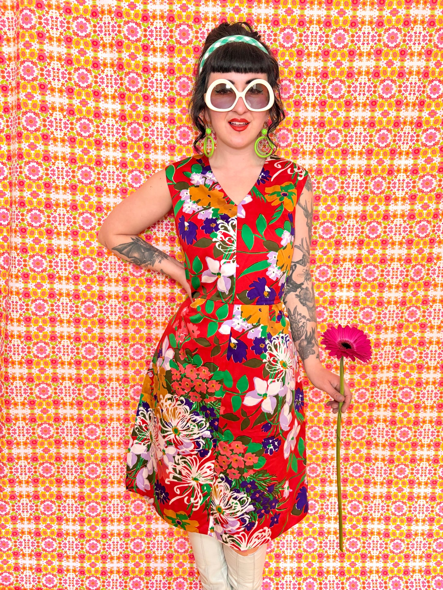 Vintage 60s Red Floral Knee Dress