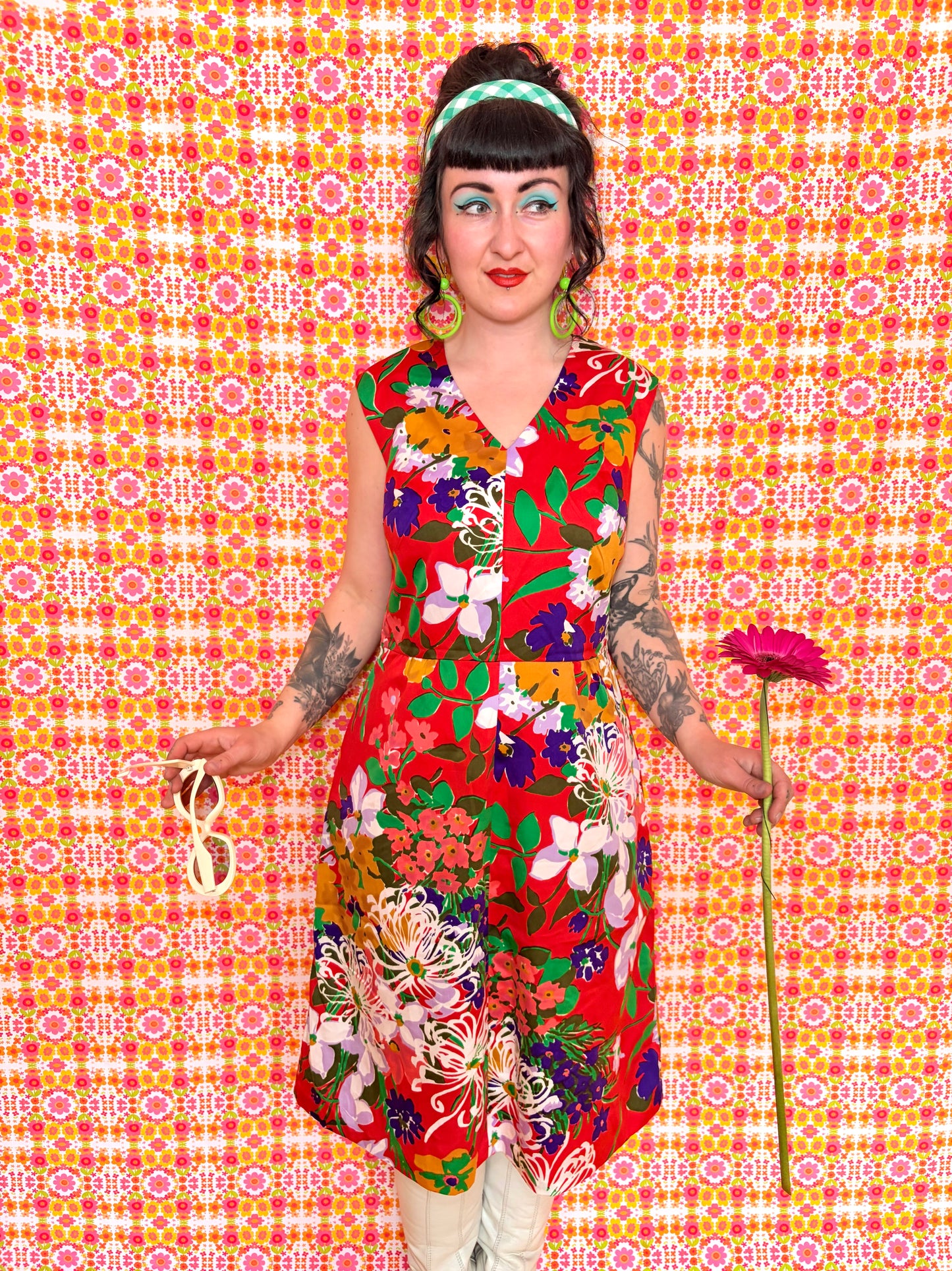 Vintage 60s Red Floral Knee Dress