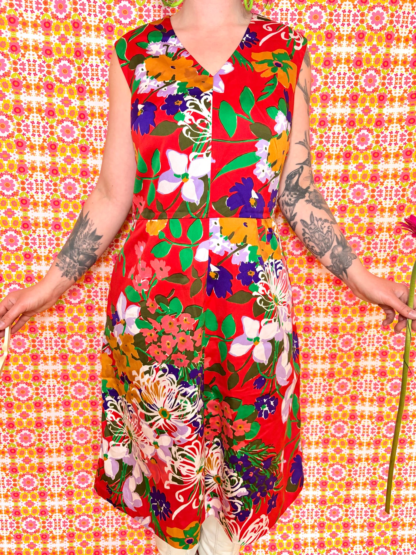 Vintage 60s Red Floral Knee Dress