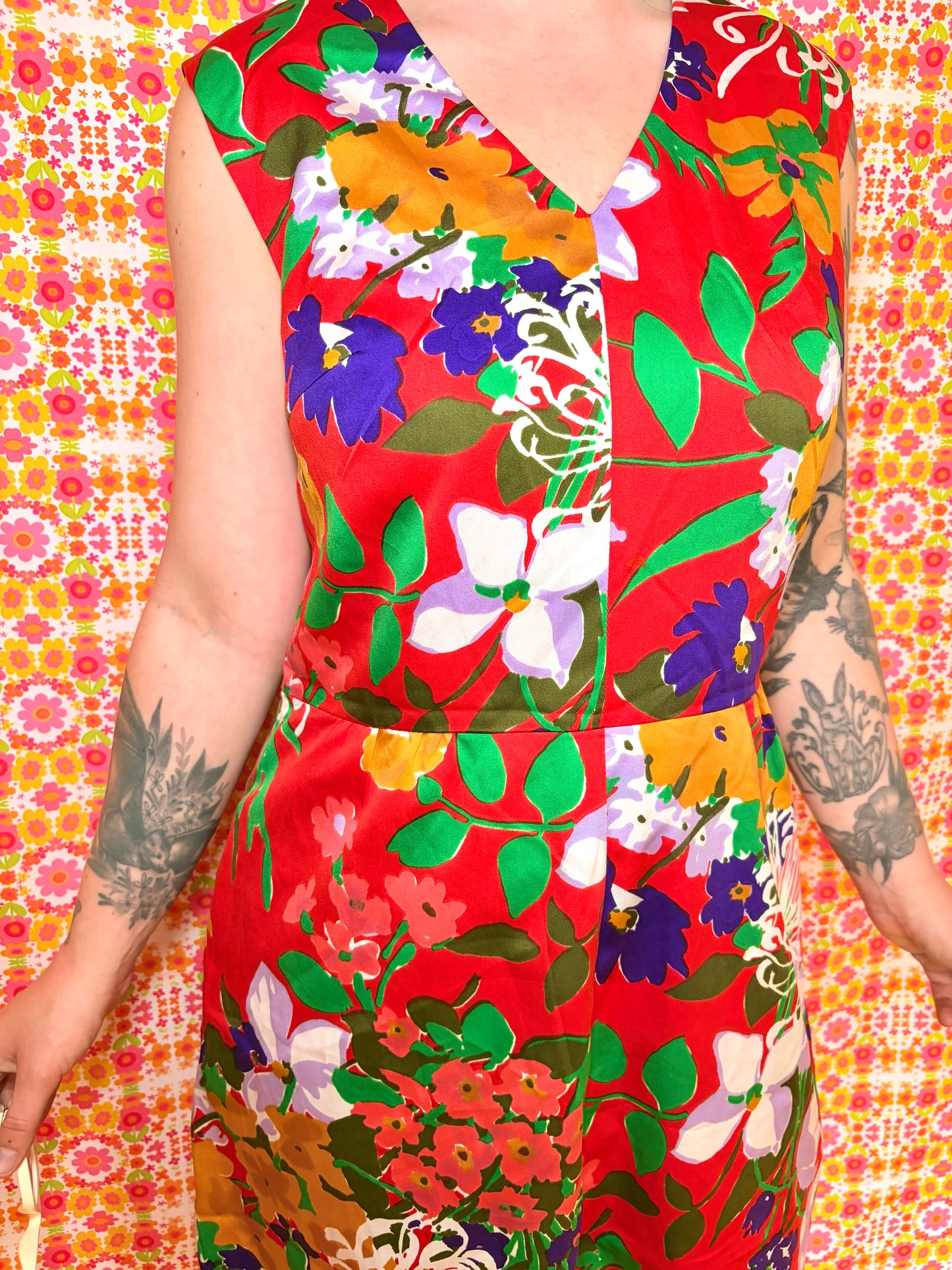 Vintage 60s Red Floral Knee Dress