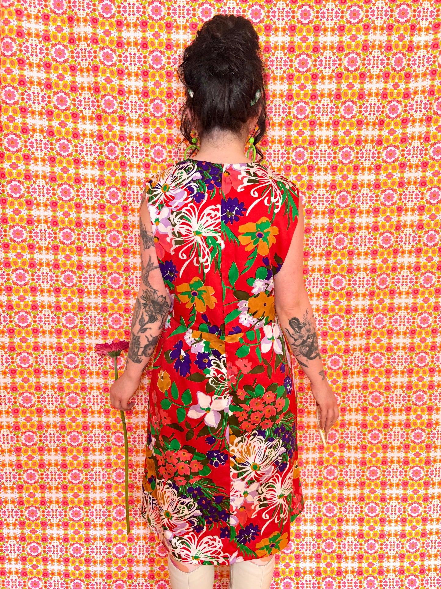 Vintage 60s Red Floral Knee Dress