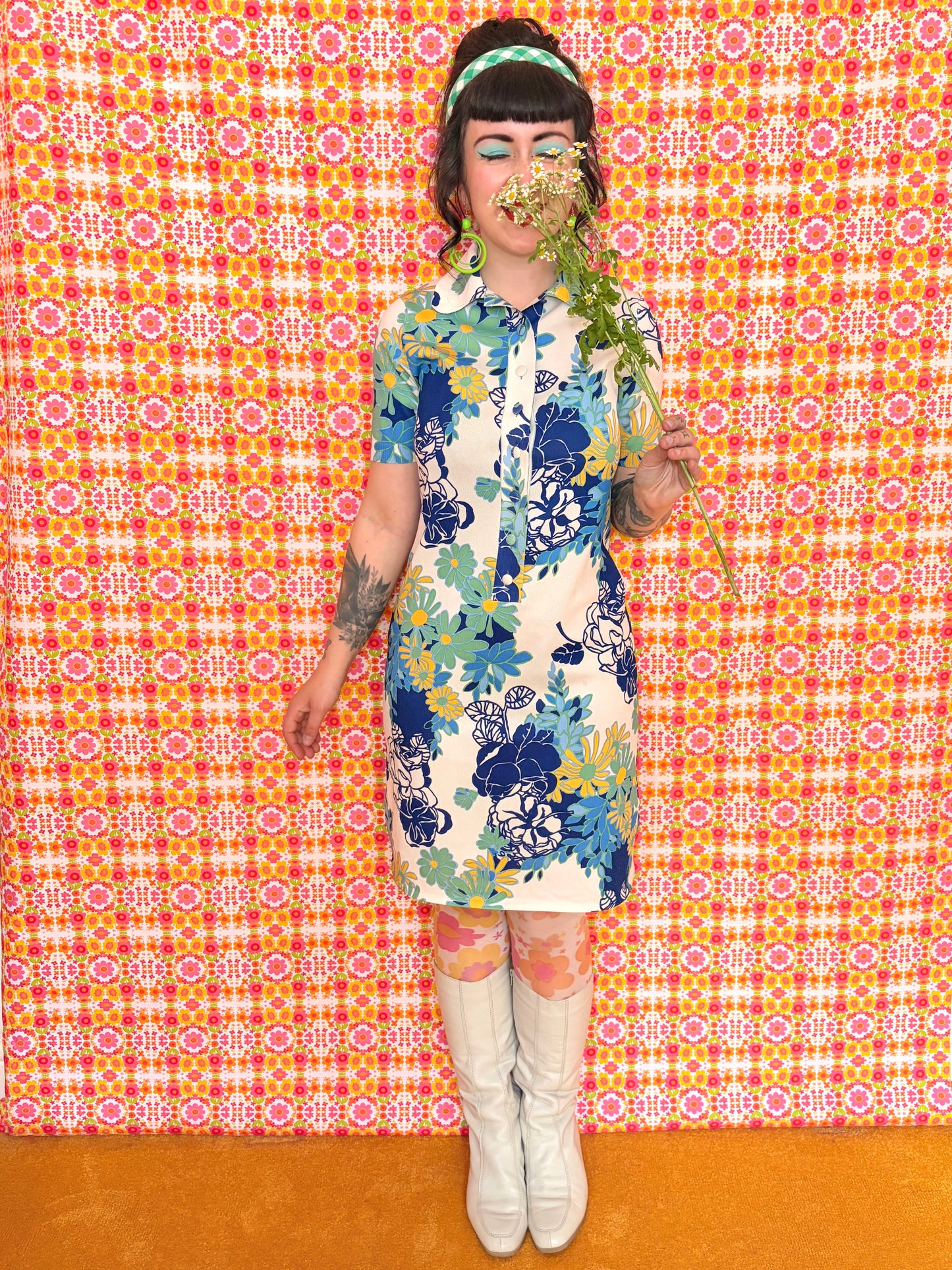 Vintage 70s Blue Floral Knitted Mini Dress