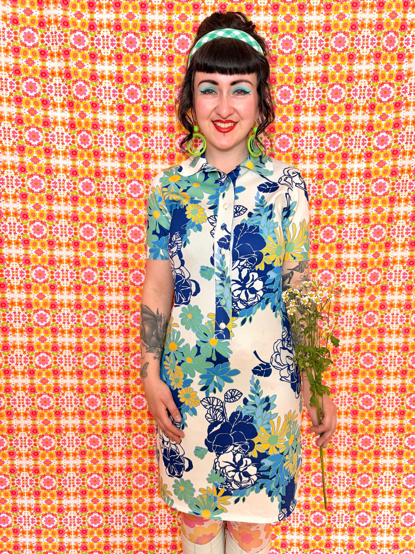 Vintage 70s Blue Floral Knitted Mini Dress