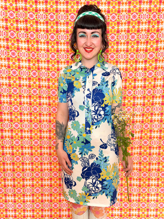 Vintage 70s Blue Floral Knitted Mini Dress