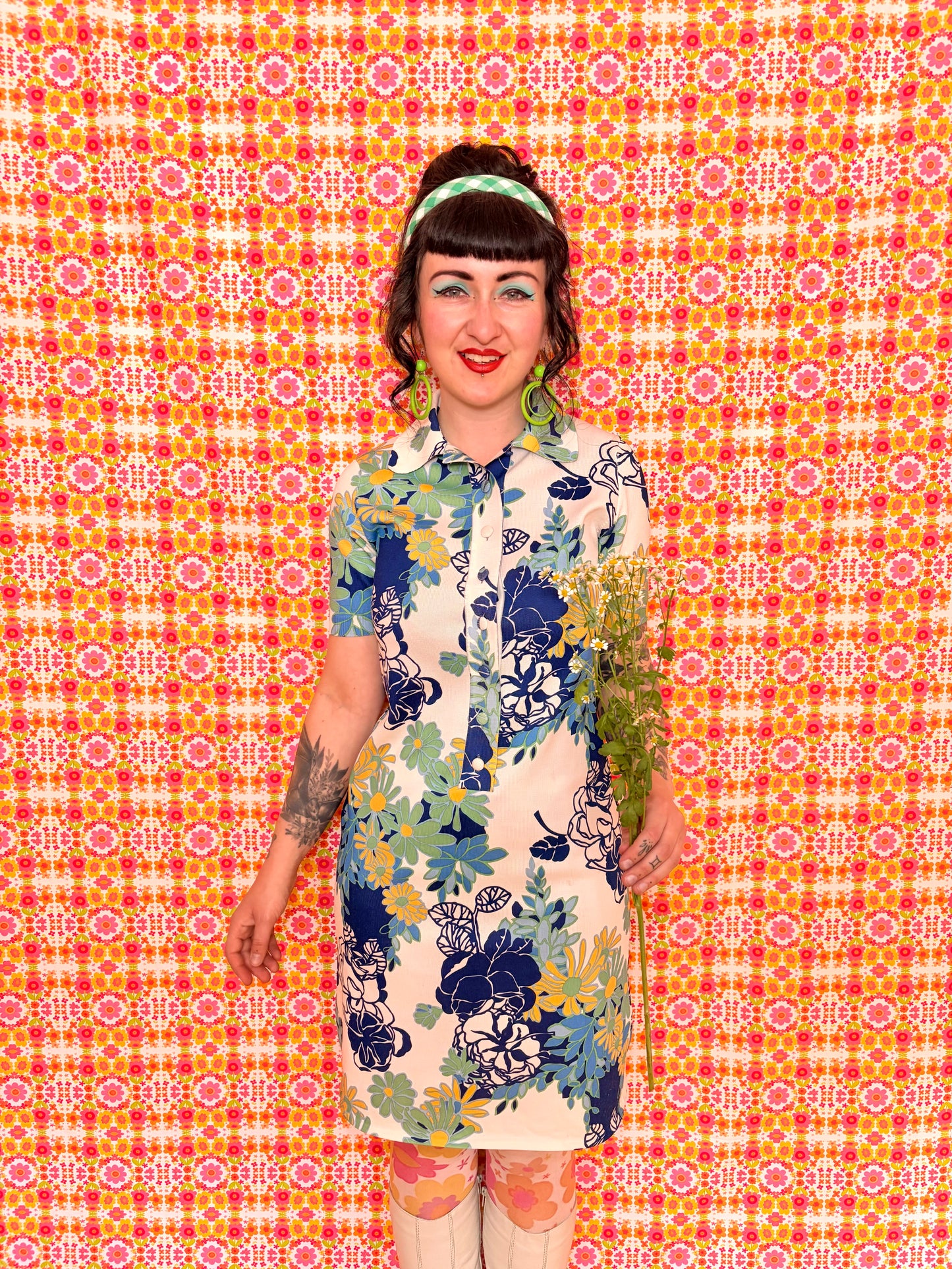 Vintage 70s Blue Floral Knitted Mini Dress