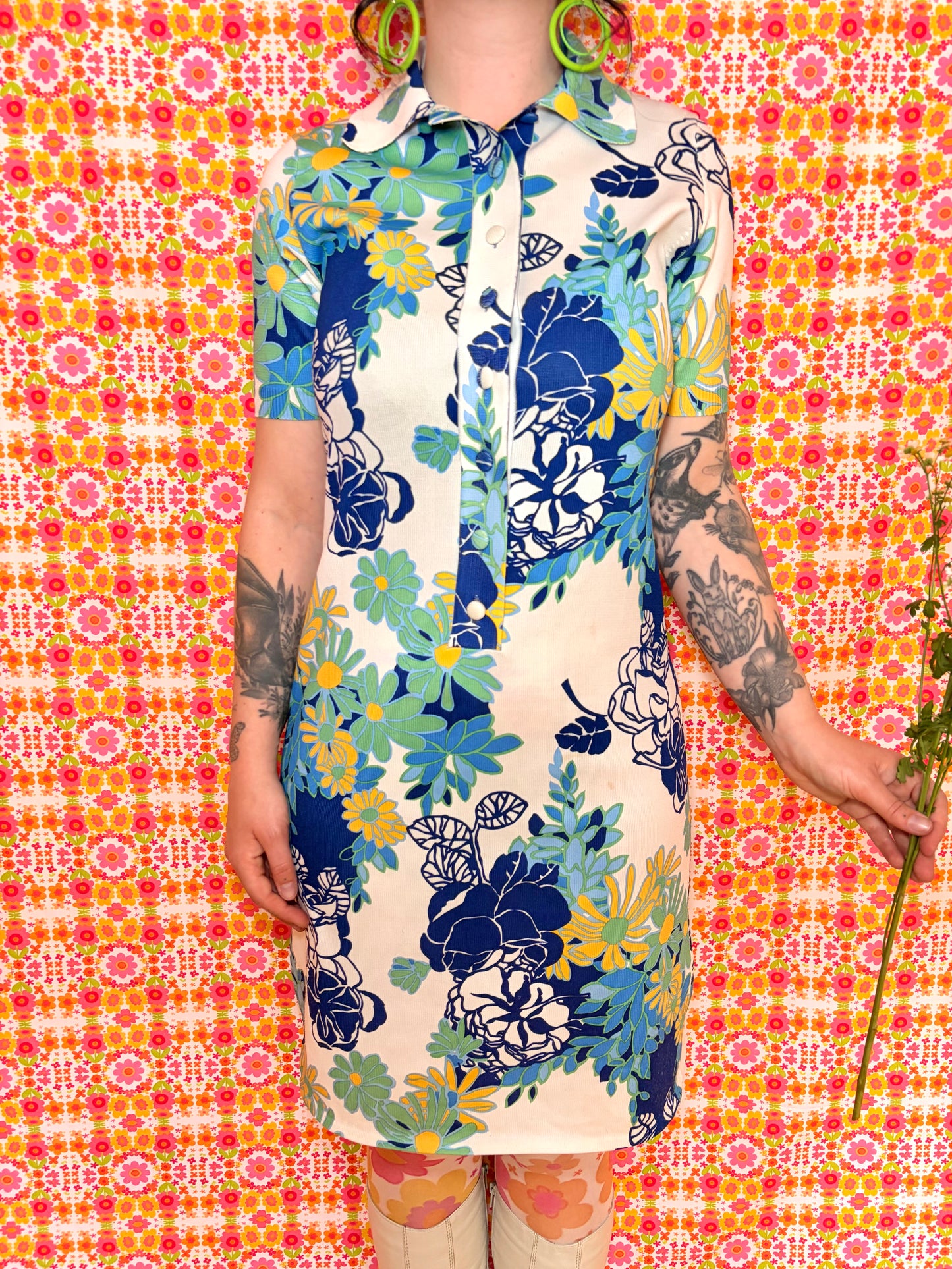 Vintage 70s Blue Floral Knitted Mini Dress