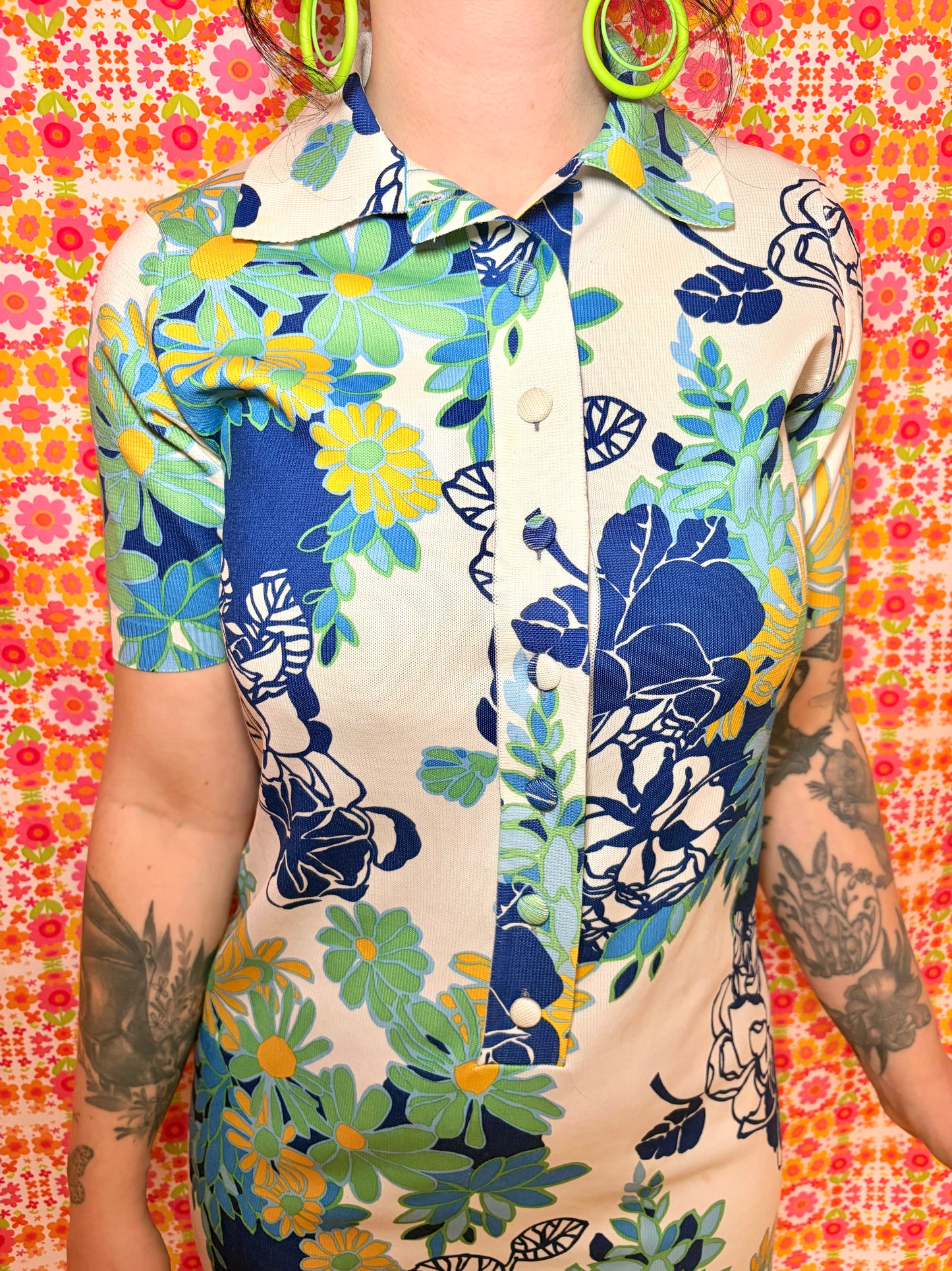 Vintage 70s Blue Floral Knitted Mini Dress