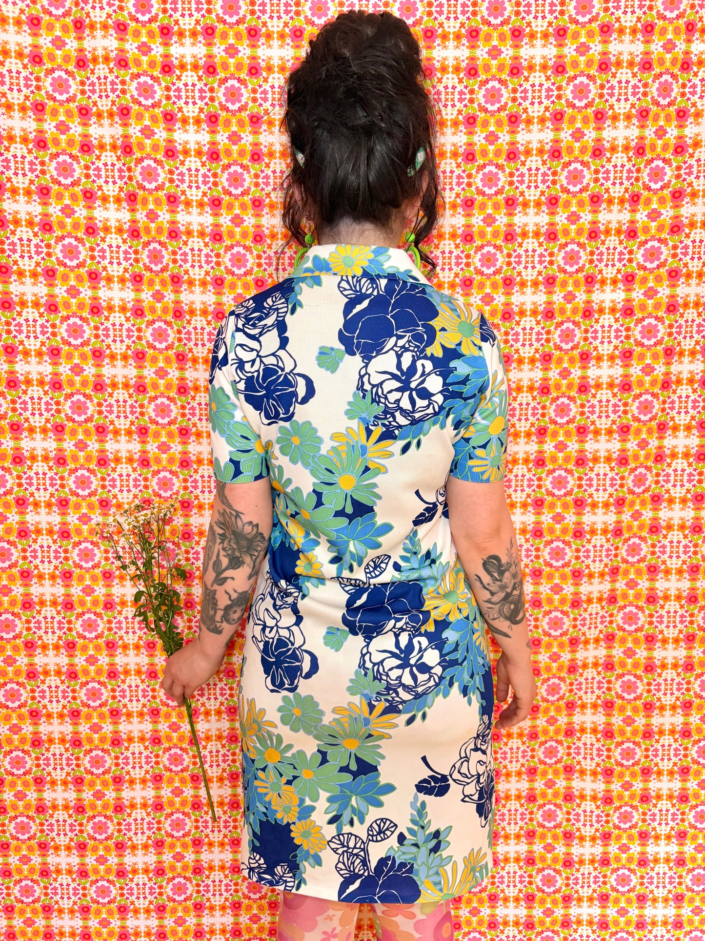 Vintage 70s Blue Floral Knitted Mini Dress