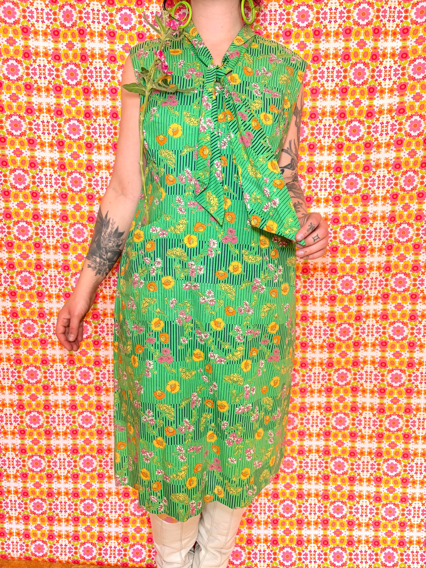 Vintage 60s Green Pussy Bow Shift Dress