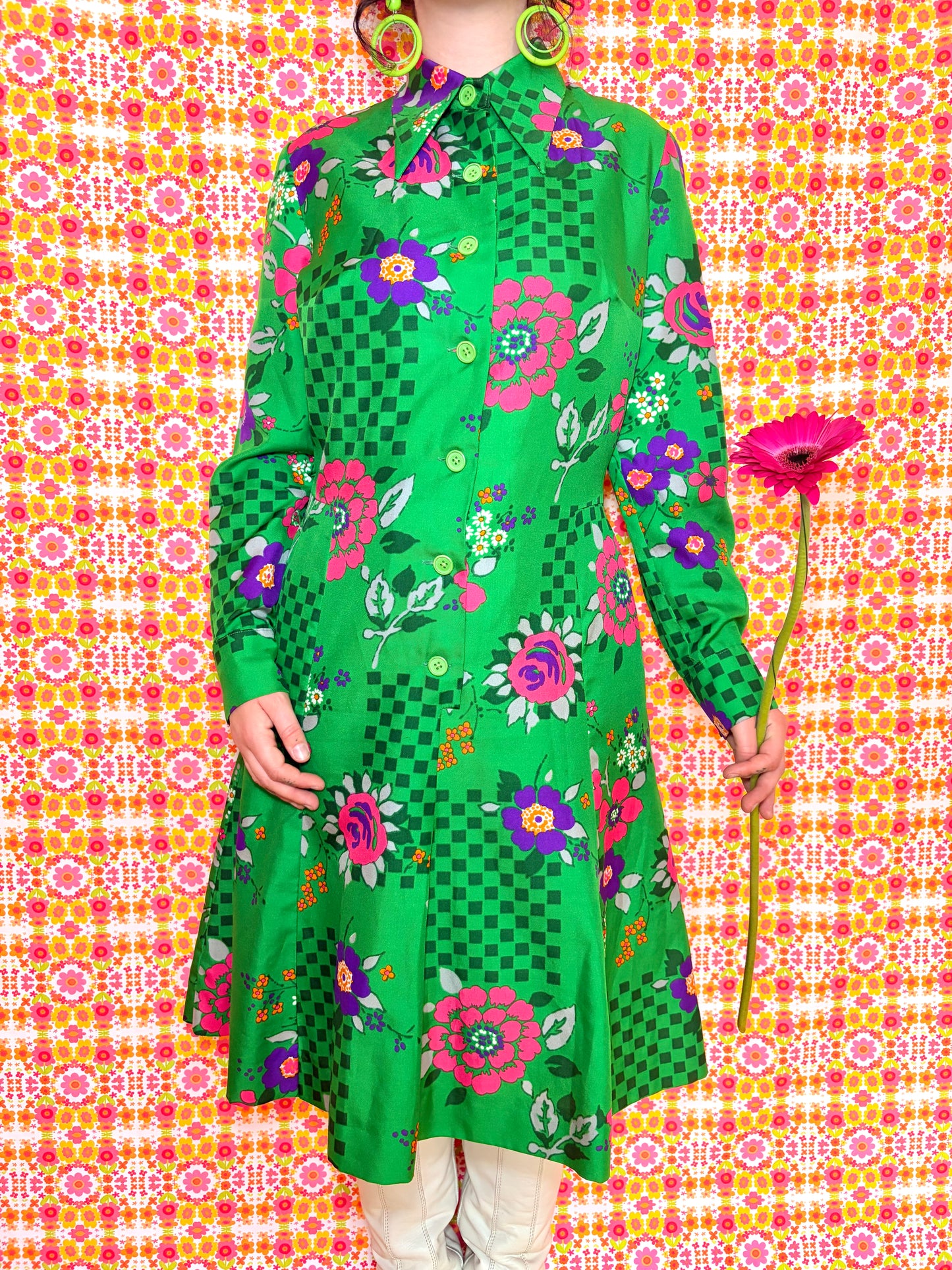 Vintage 60s Bright Green Floral Long Sleeve Dress