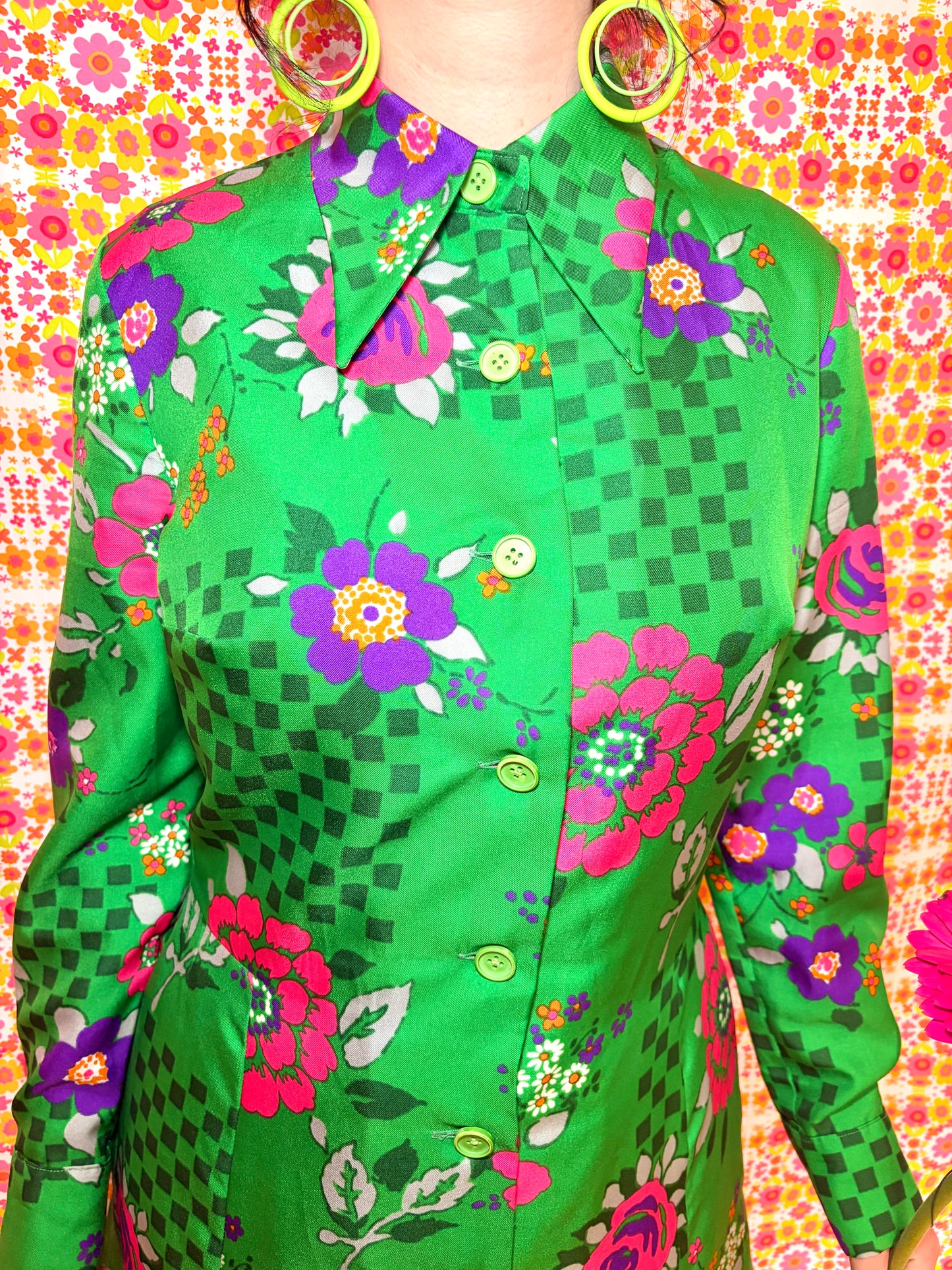 Vintage 60s Bright Green Floral Long Sleeve Dress