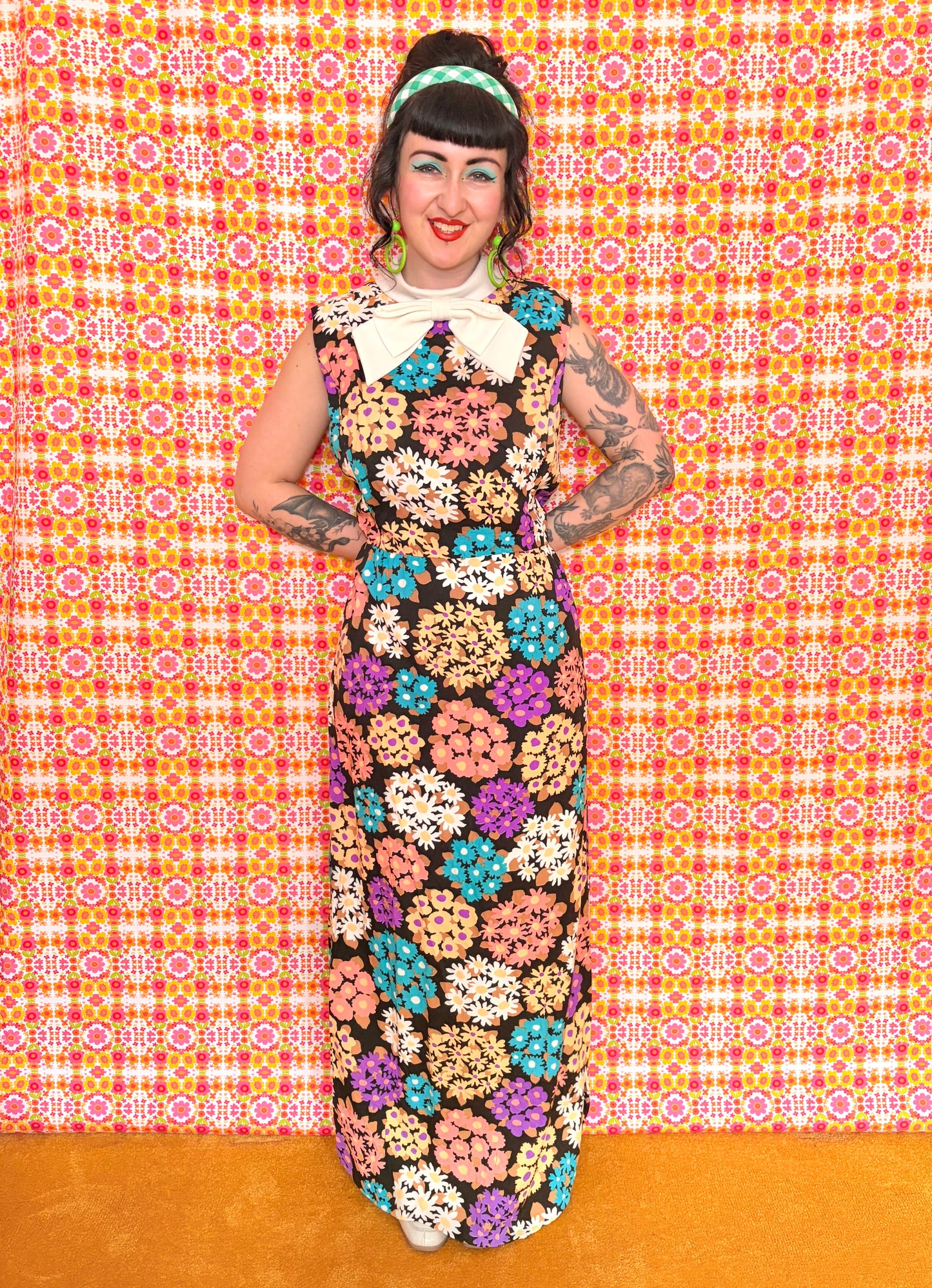 Vintage 70s Bright Floral Bow Maxi Dress